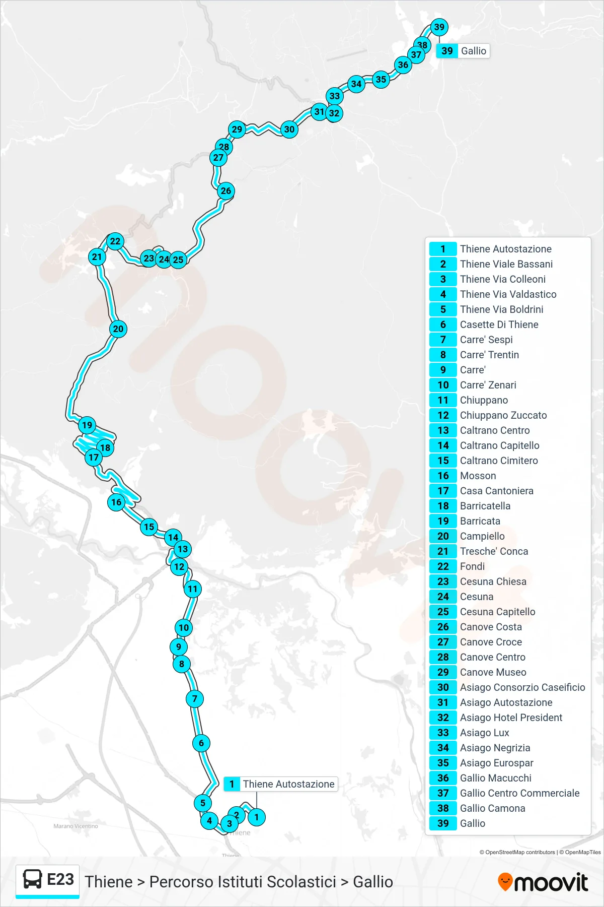 Linea E23  bus (Thiene > Percorso Istituti Scolastici > Gallio) - Percorsi e fermate sulla mappa