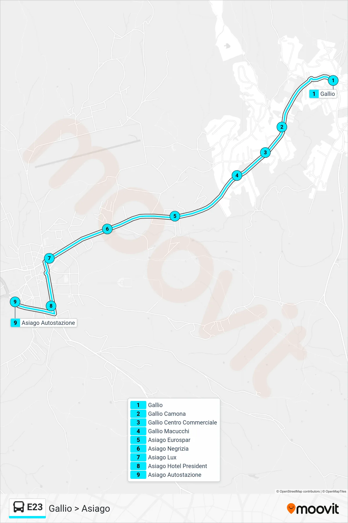 Linea E23 bus (Gallio > Asiago) - Percorsi e fermate sulla mappa