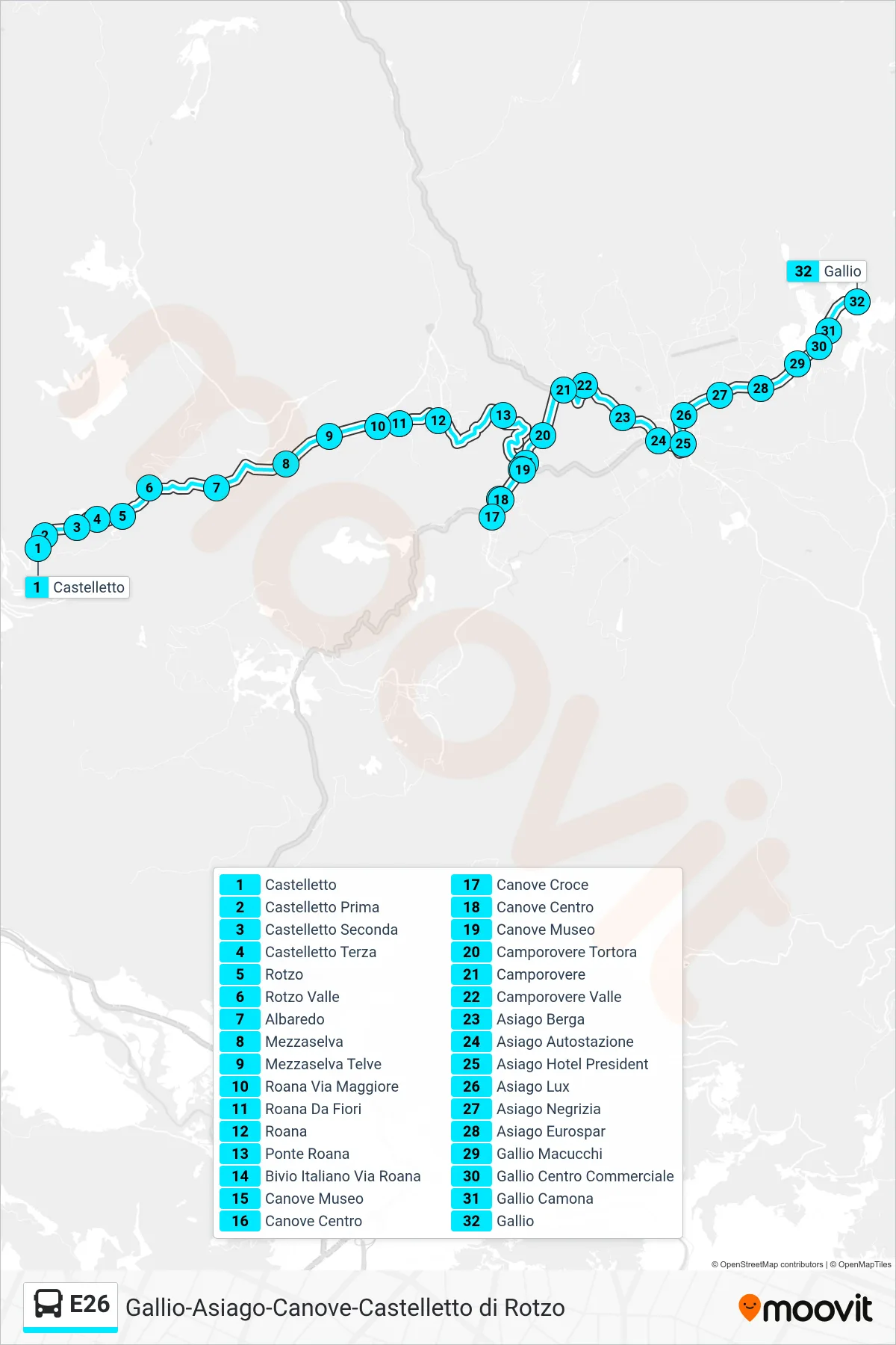Linea E26 bus (Castelletto > Camporovere > Asiago > Gallio) - Percorsi e fermate sulla mappa