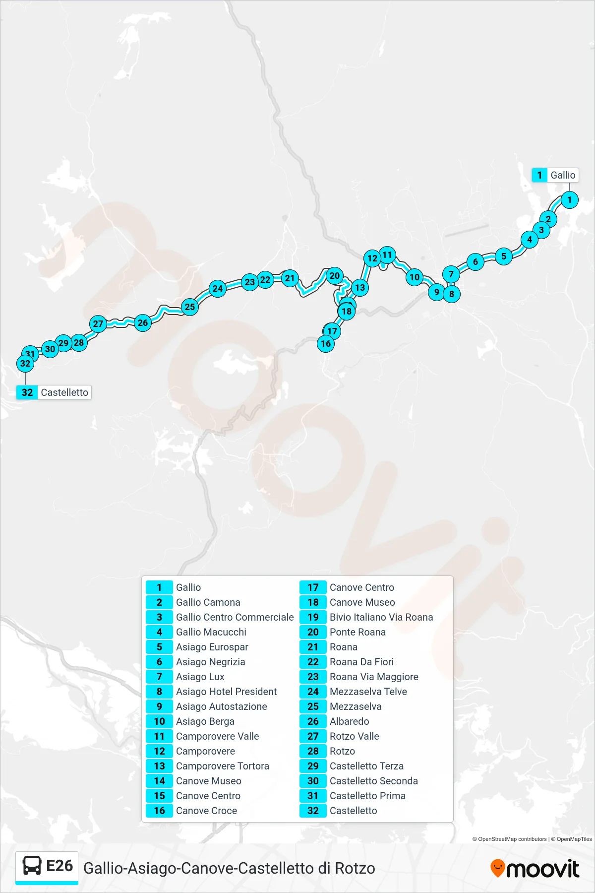 Linea E26  bus (Gallio > Camporovere > Castelletto) - Percorsi e fermate sulla mappa
