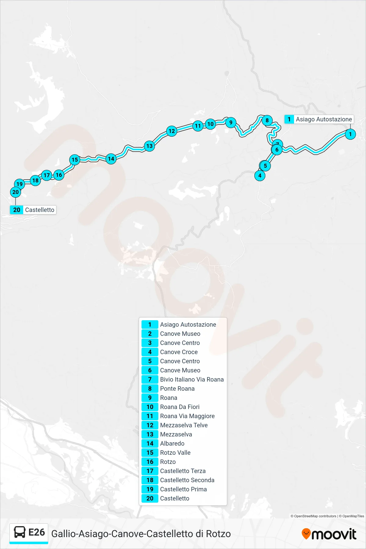 Linea E26 bus (Asiago > Castelletto (No Camporovere)) - Percorsi e fermate sulla mappa