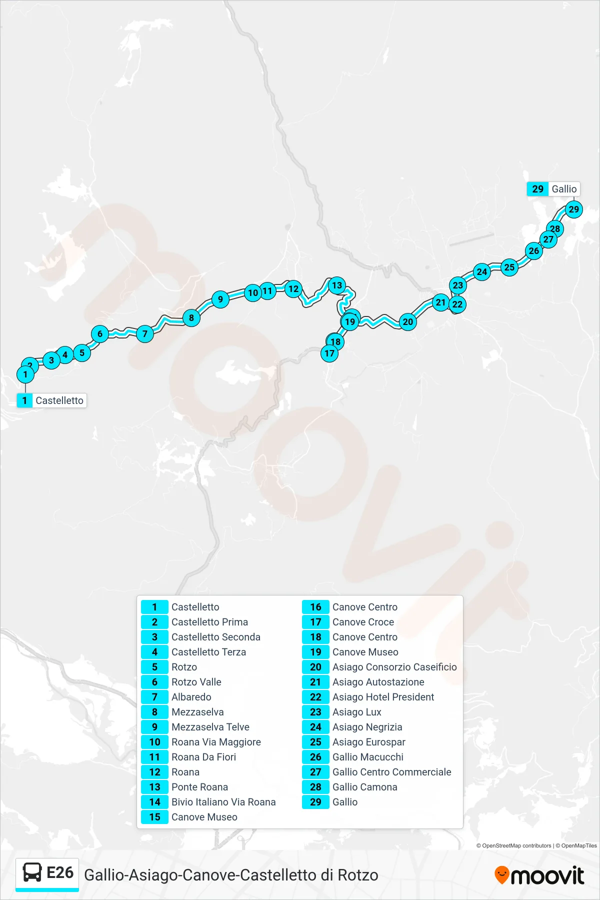 Linea E26 bus (Castelletto > Gallio (No Camporovere)) - Percorsi e fermate sulla mappa