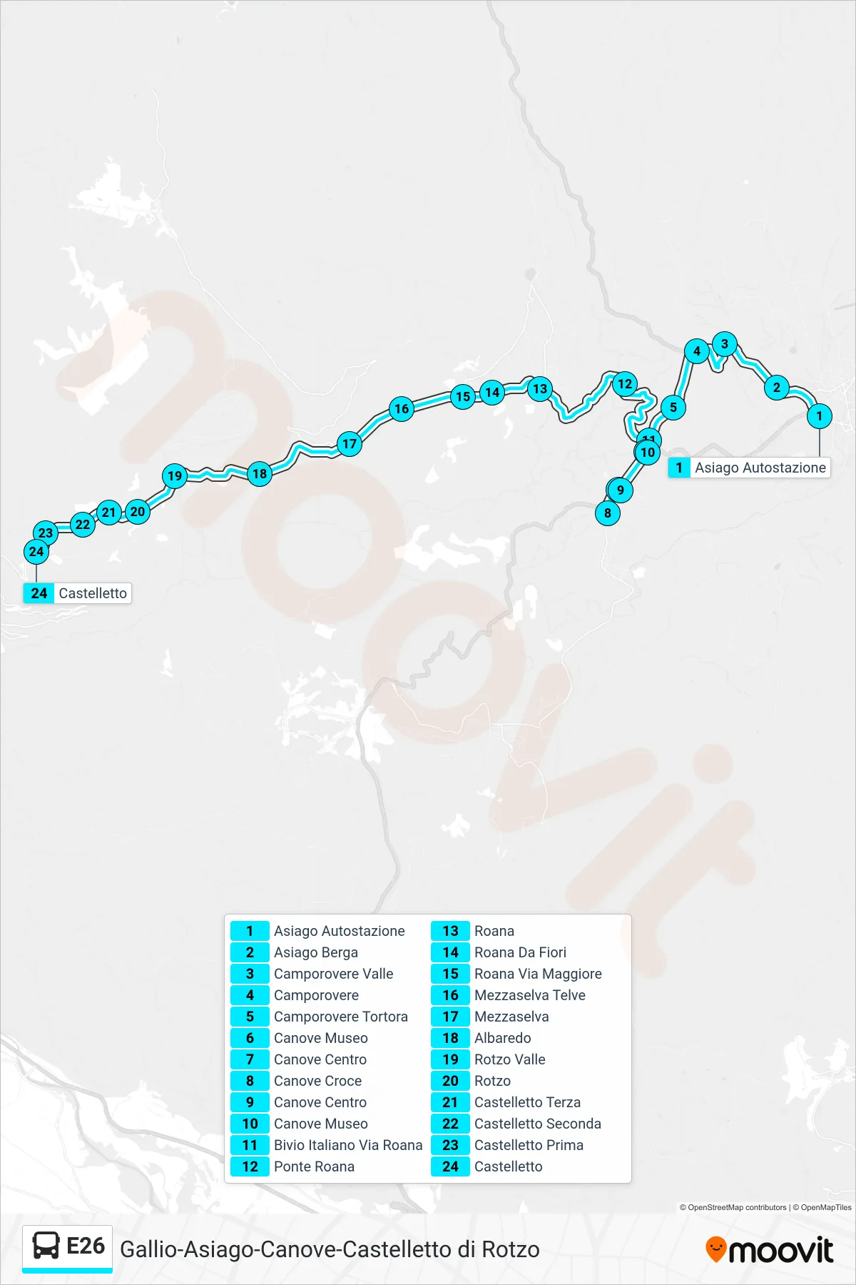Linea E26 bus (Asiago > Camporovere > Castelletto) - Percorsi e fermate sulla mappa