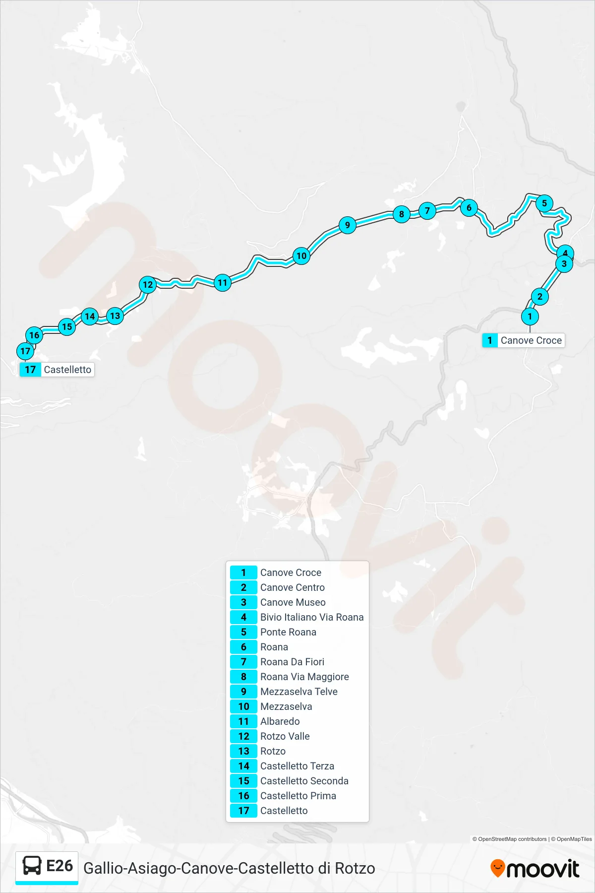 Linea E26 bus (Canove Croce > Castelletto) - Percorsi e fermate sulla mappa