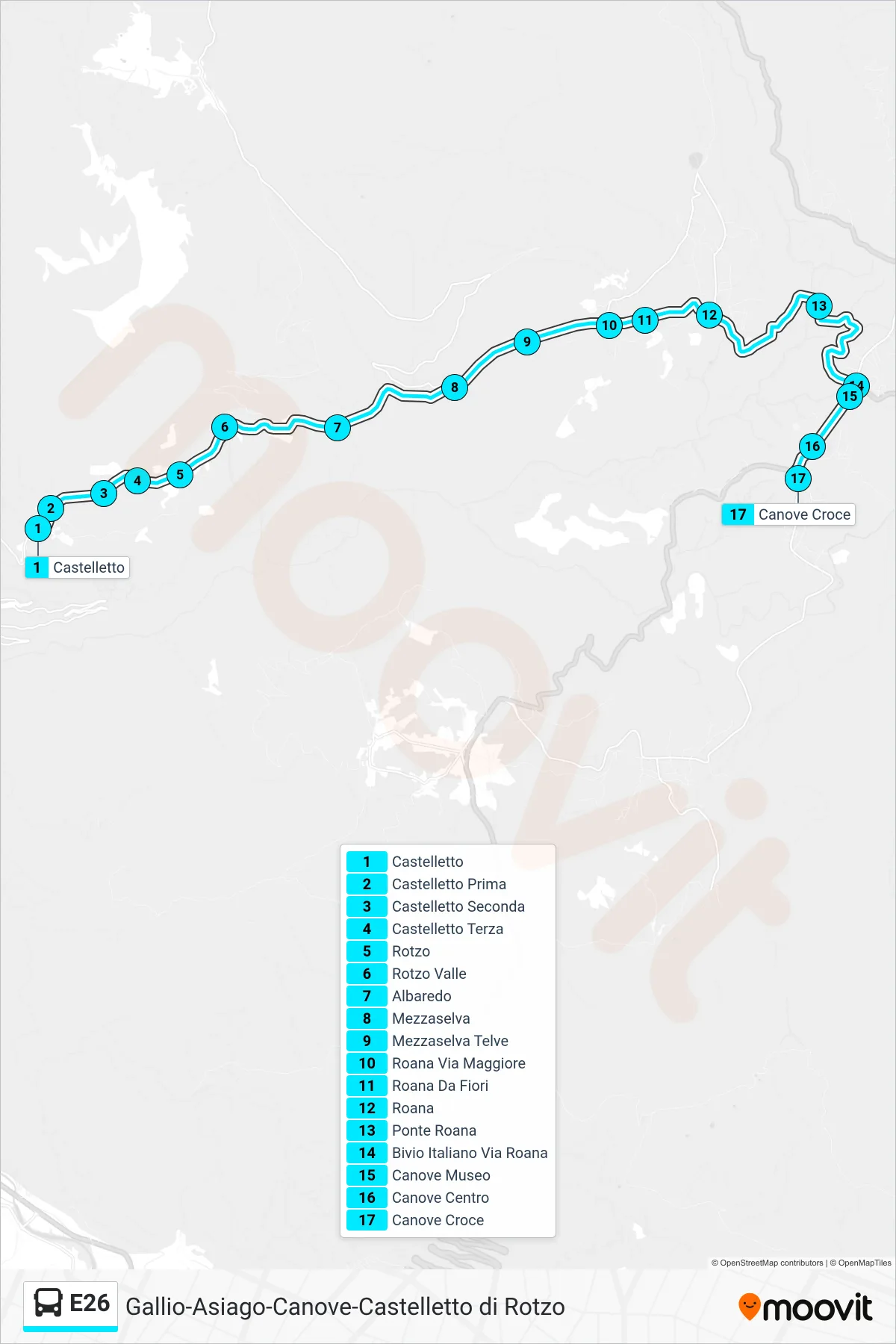 Linea E26 bus (Castelletto > Canove Croce) - Percorsi e fermate sulla mappa