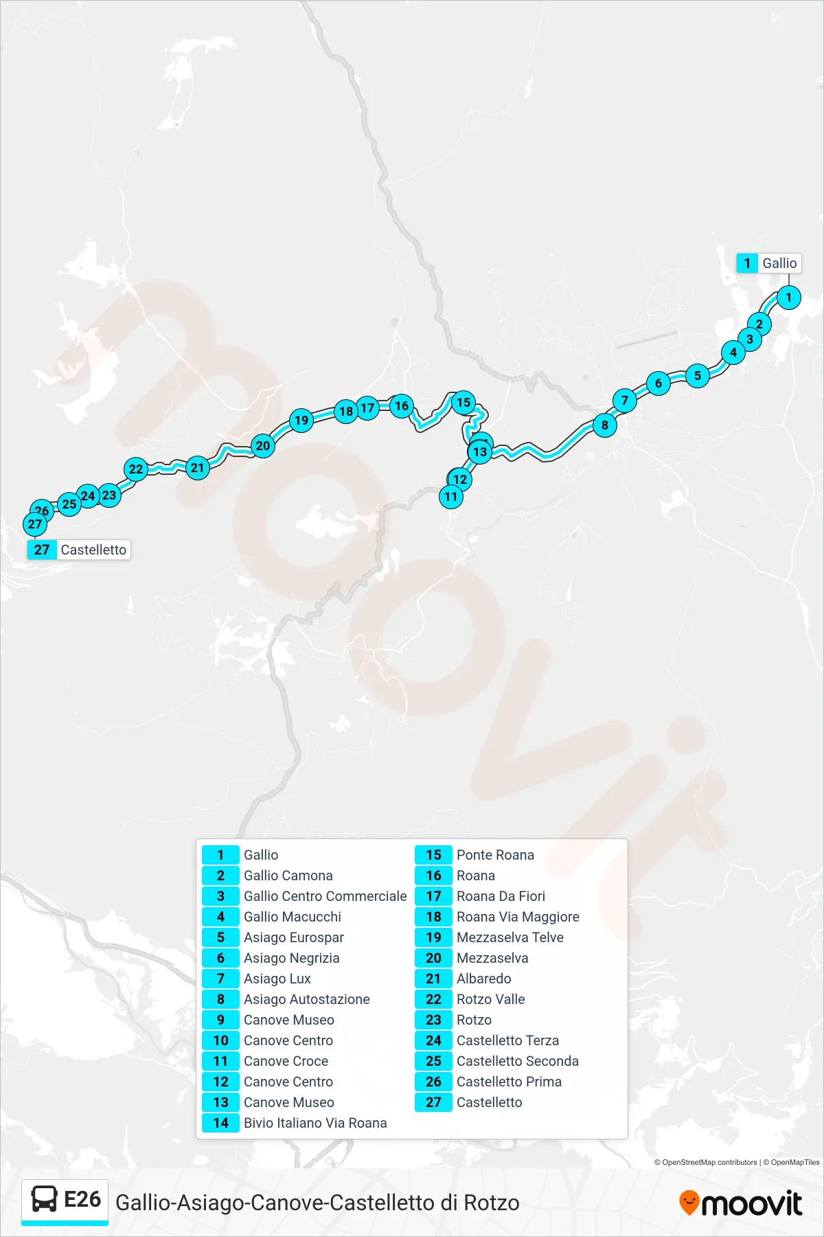 Linea E26  bus (Gallio > Castelletto (No Camporovere)) - Percorsi e fermate sulla mappa