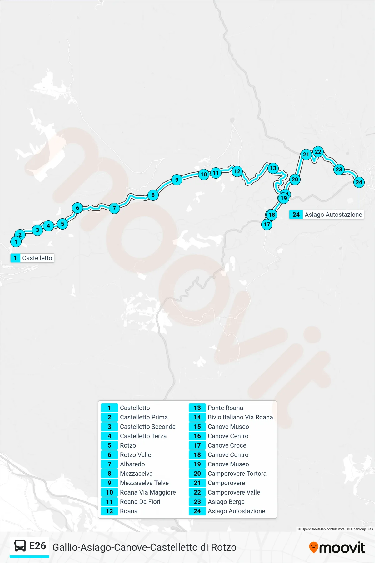 E26 bus Line (Castelletto > Camporovere > Asiago) route and stops on a map