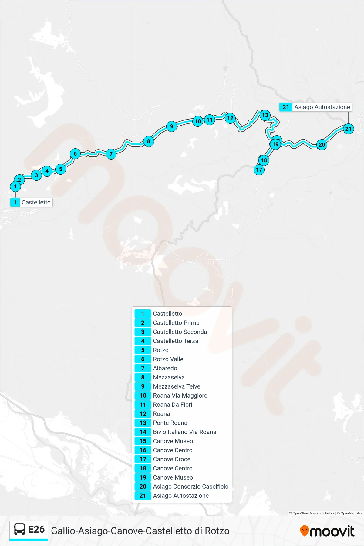 Linea E26 bus (Castelletto > Asiago (No Camporovere)) - Percorsi e fermate sulla mappa