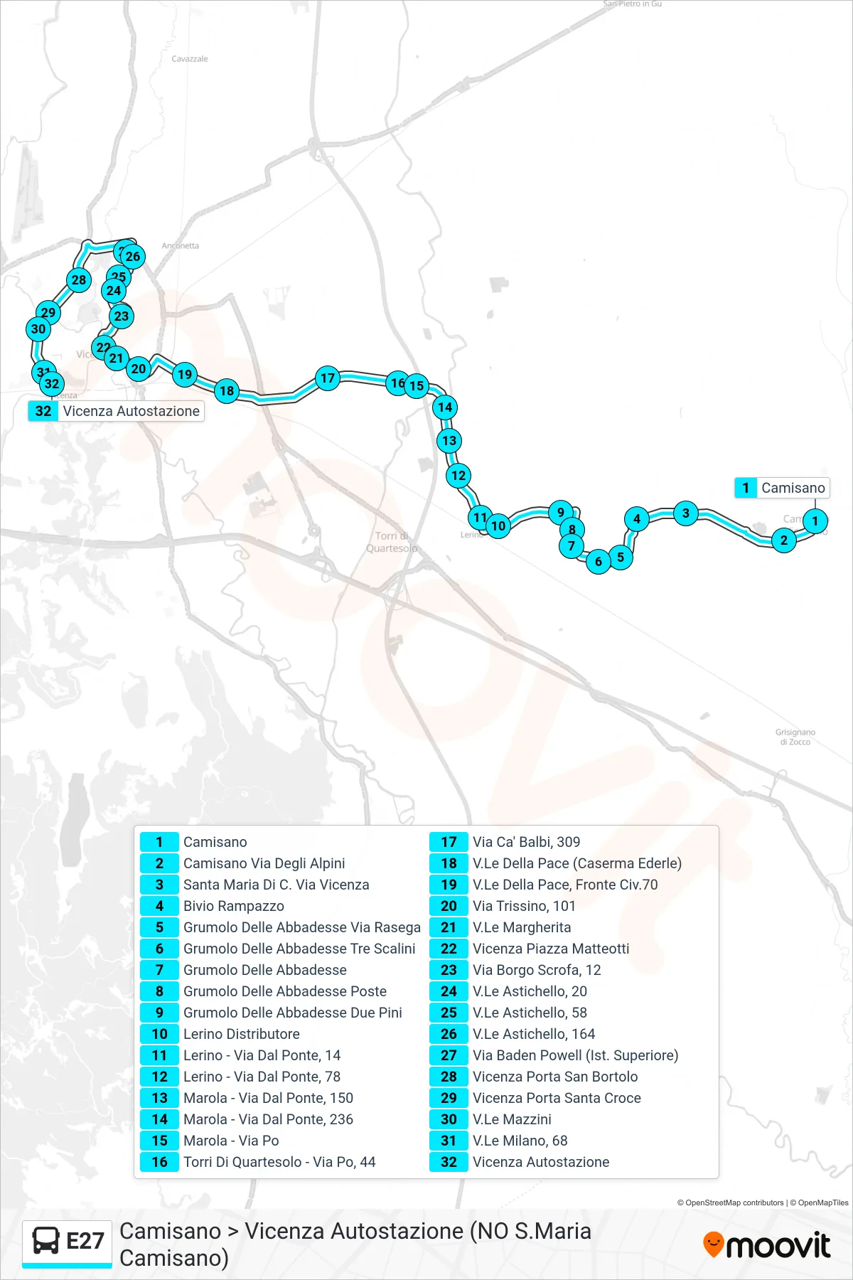 Linea E27 bus (Camisano > Vicenza Autostazione (NO S.Maria Camisano)) - Percorsi e fermate sulla mappa