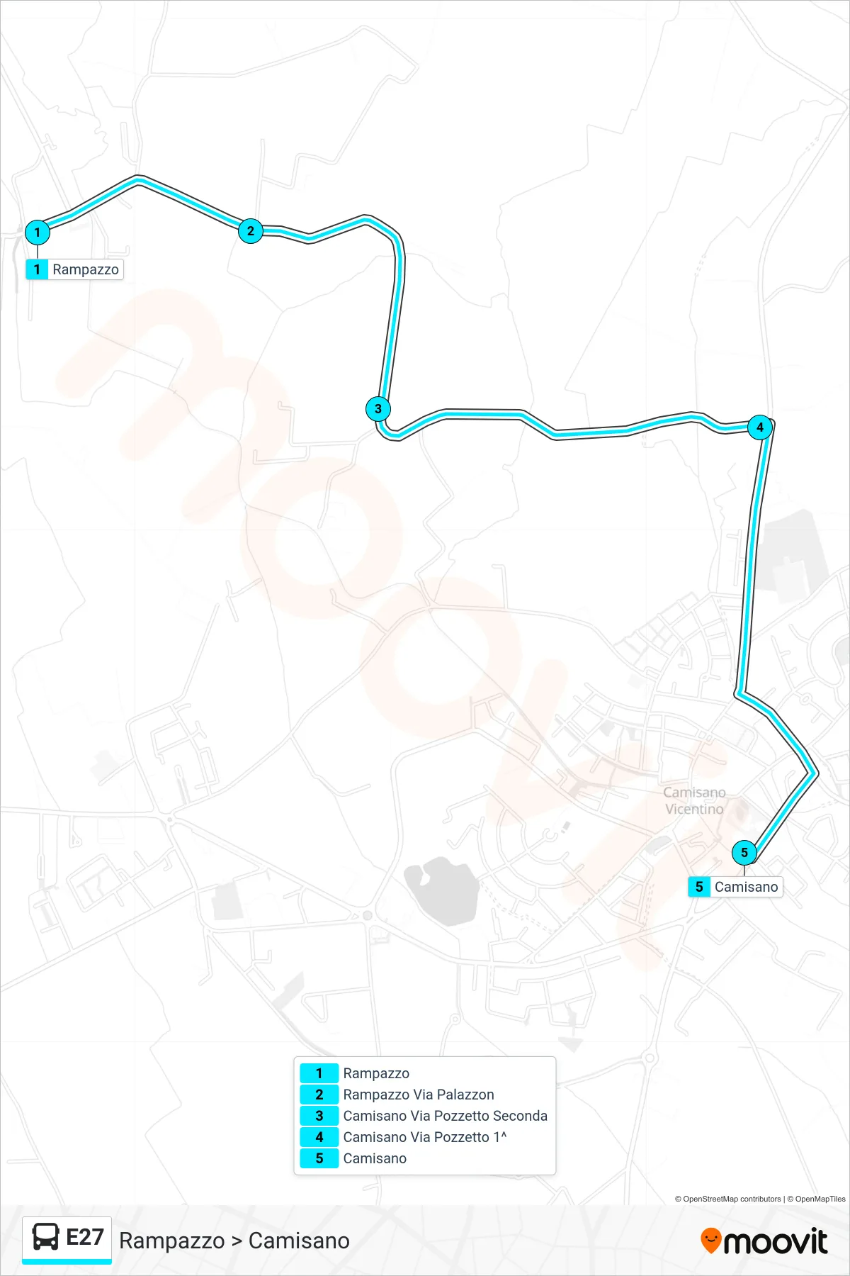 Linea E27 bus (Rampazzo > Camisano) - Percorsi e fermate sulla mappa