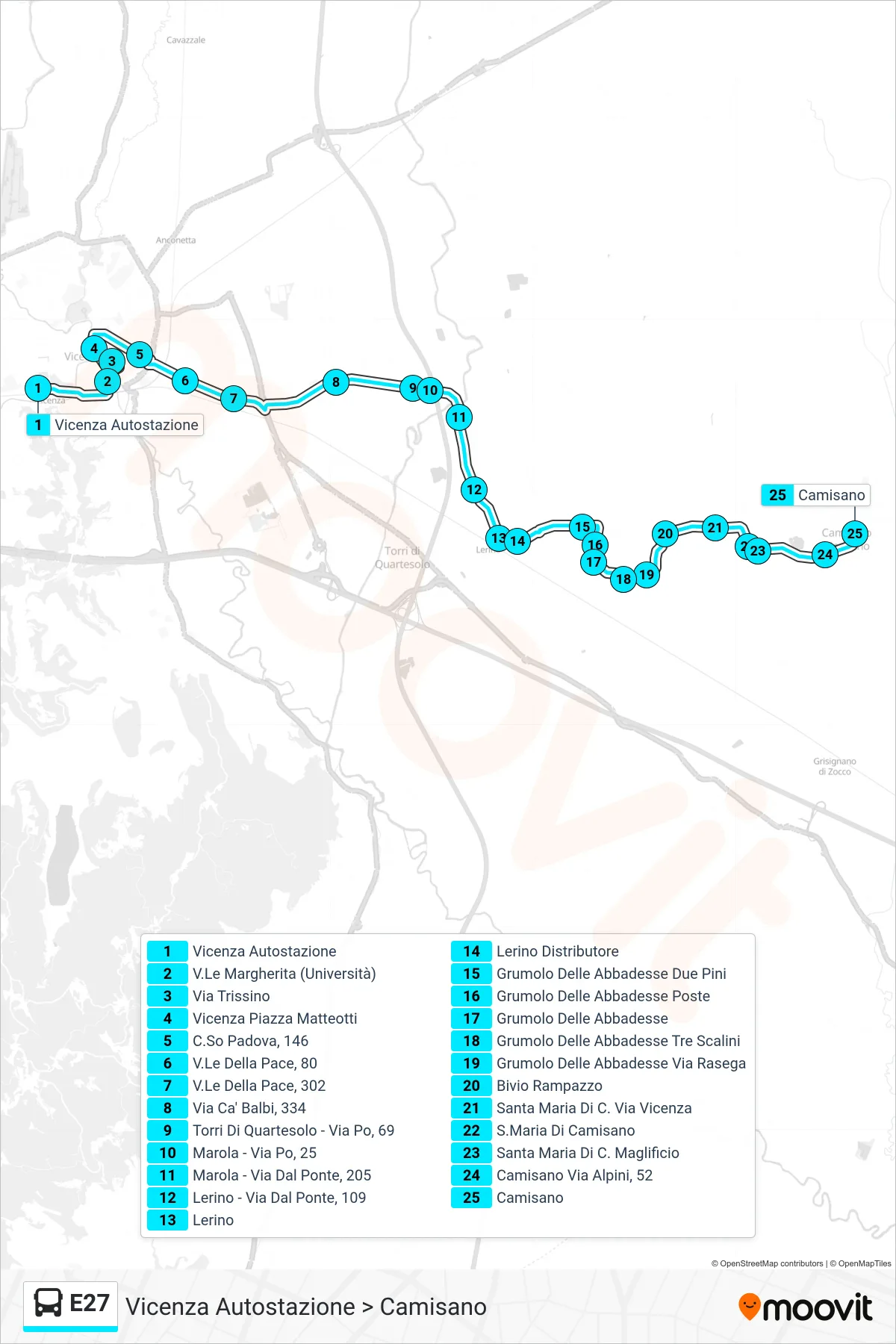 Linea E27 bus (Vicenza Autostazione > Camisano) - Percorsi e fermate sulla mappa