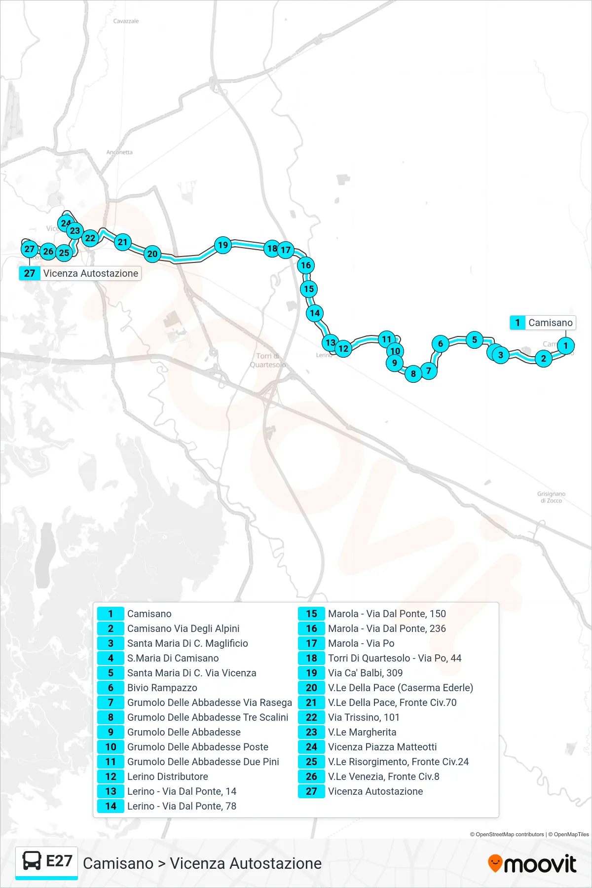 Linea E27  bus (Camisano > Vicenza Autostazione) - Percorsi e fermate sulla mappa
