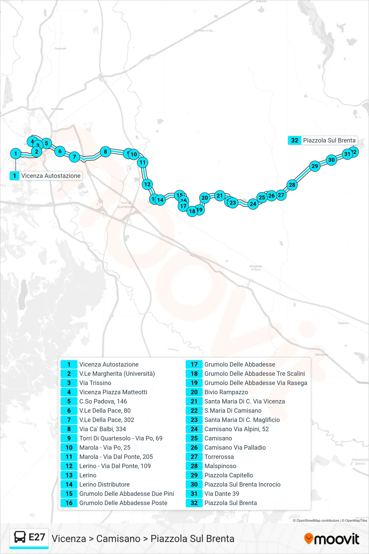 Linea E27  bus (Vicenza > Camisano > Piazzola Sul Brenta) - Percorsi e fermate sulla mappa