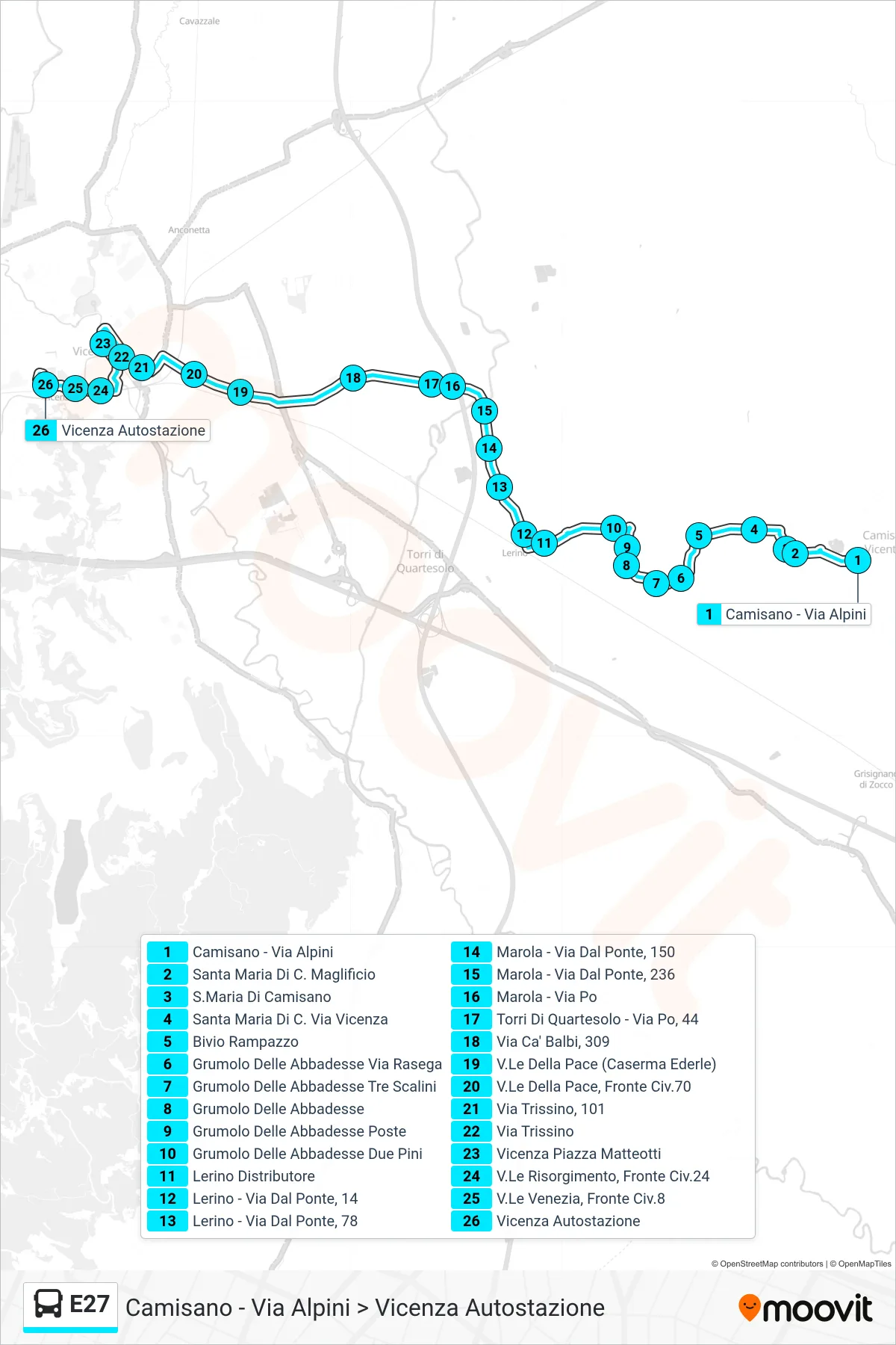 E27 bus Line (Camisano - Via Alpini > Vicenza Bus Station) route and stops on a map