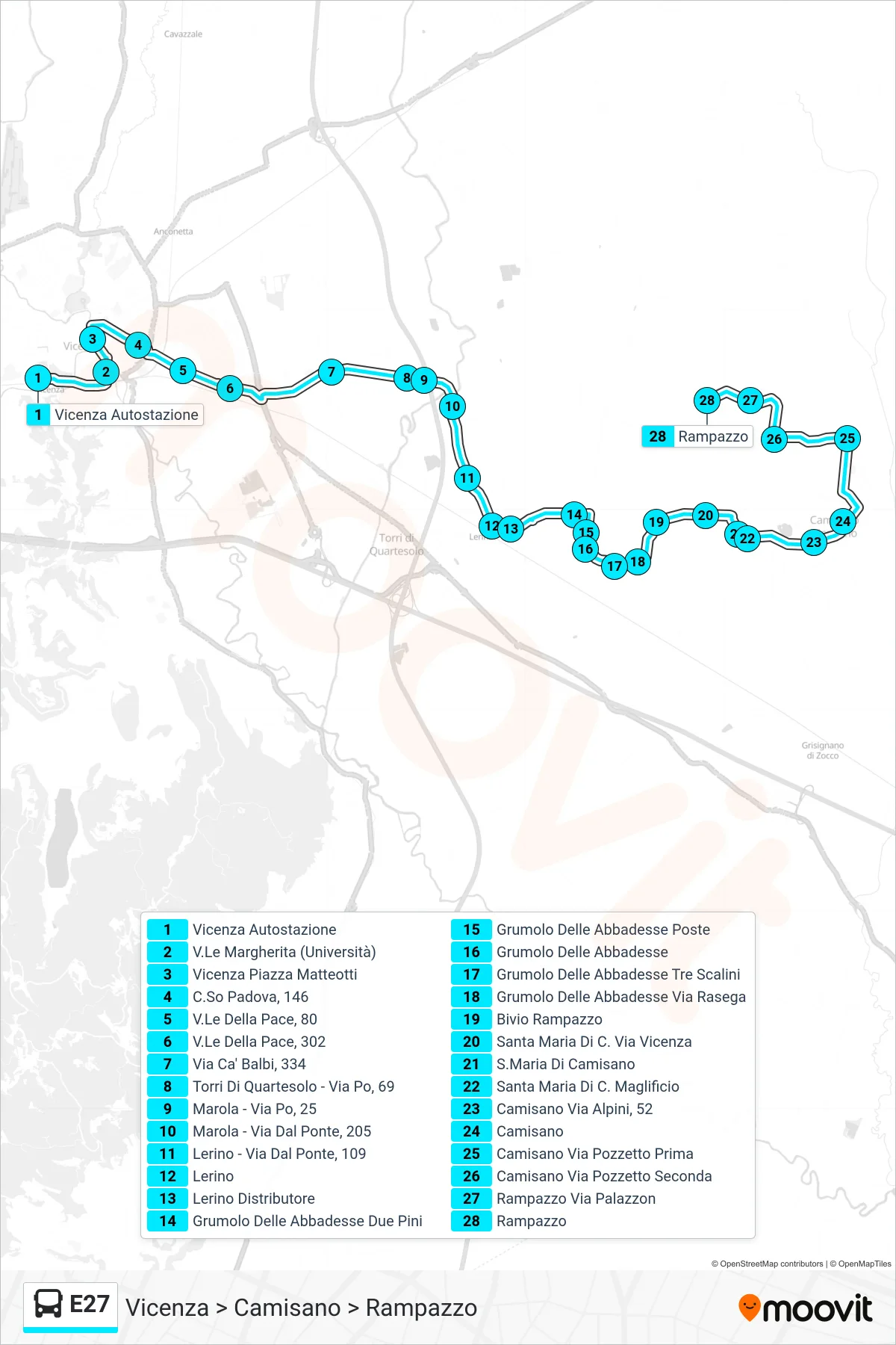 Linea E27 bus (Vicenza > Camisano > Rampazzo) - Percorsi e fermate sulla mappa