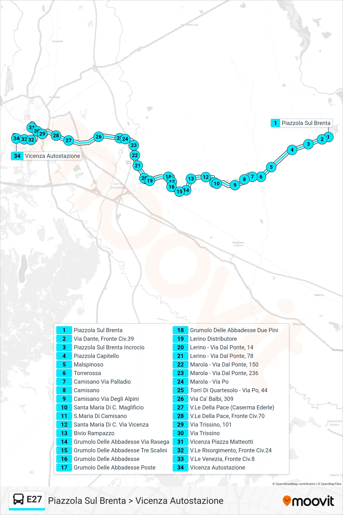 Linea E27 bus (Piazzola Sul Brenta > Vicenza Autostazione) - Percorsi e fermate sulla mappa