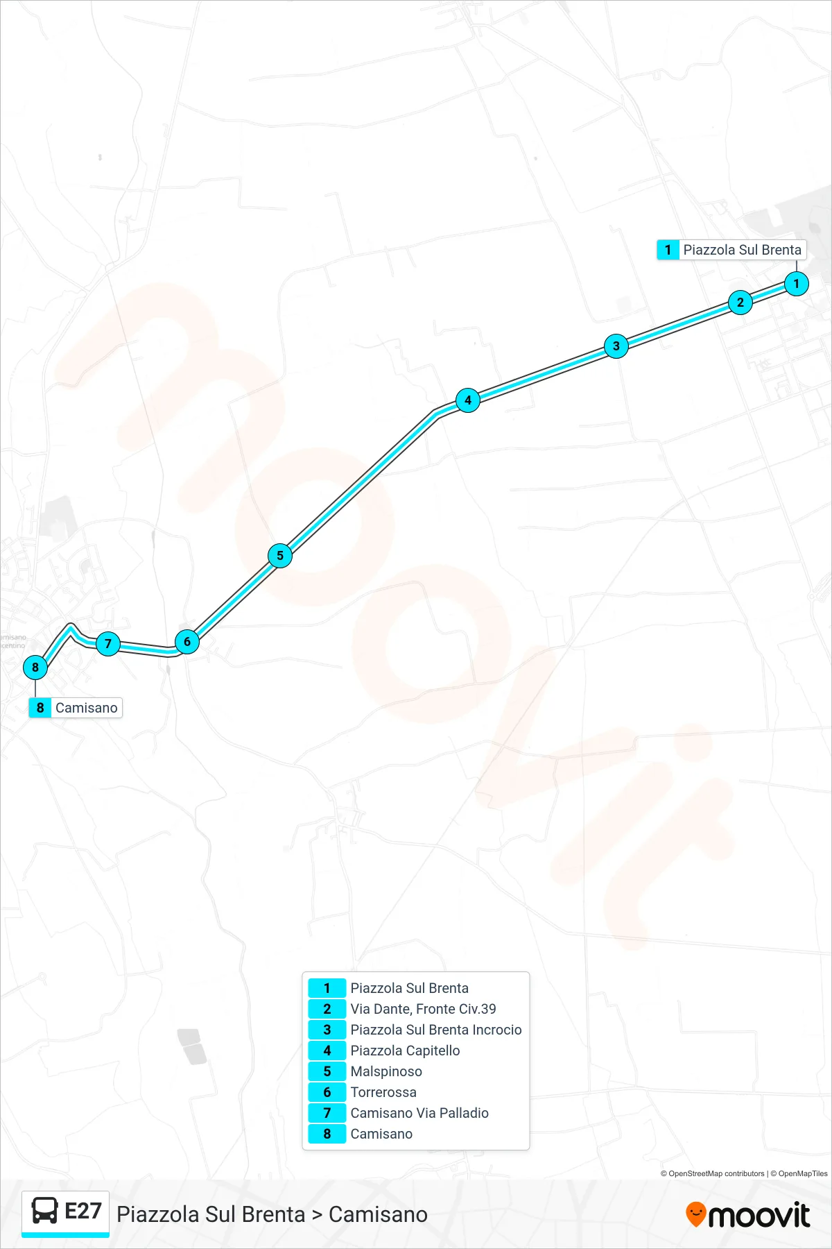Linea E27 bus (Piazzola Sul Brenta > Camisano) - Percorsi e fermate sulla mappa