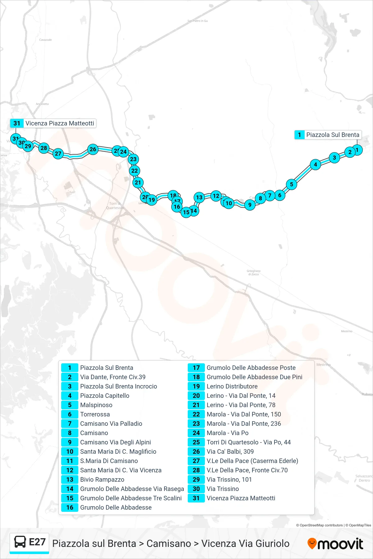 Linea E27  bus (Piazzola sul Brenta > Camisano > Vicenza Via Giuriolo) - Percorsi e fermate sulla mappa