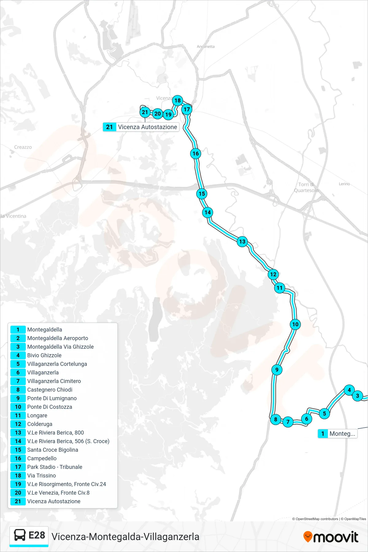 Linea E28 bus (Montegaldella > Vicenza Autostazione) - Percorsi e fermate sulla mappa