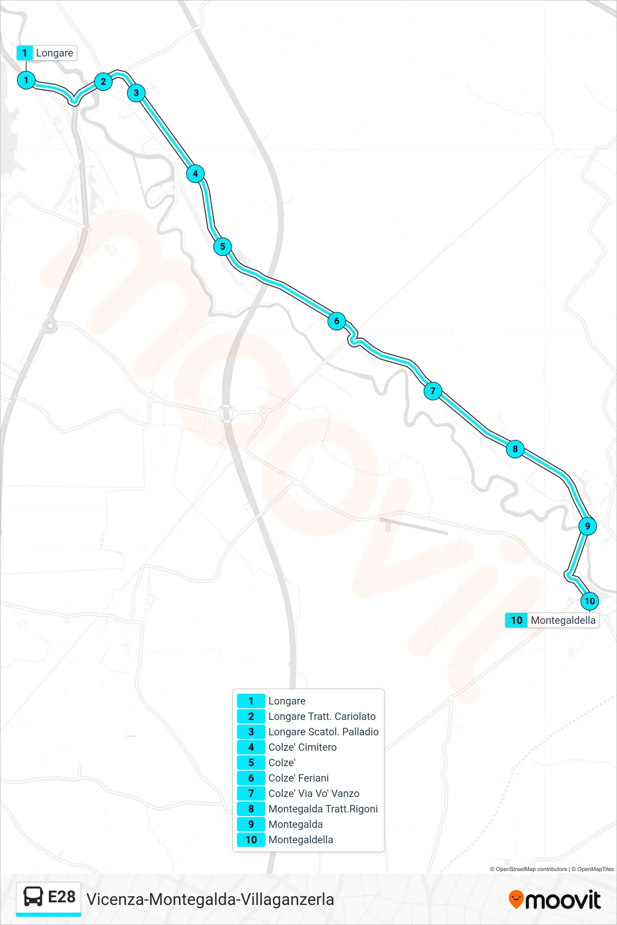 Linea E28 bus (Longare > Montegaldella) - Percorsi e fermate sulla mappa