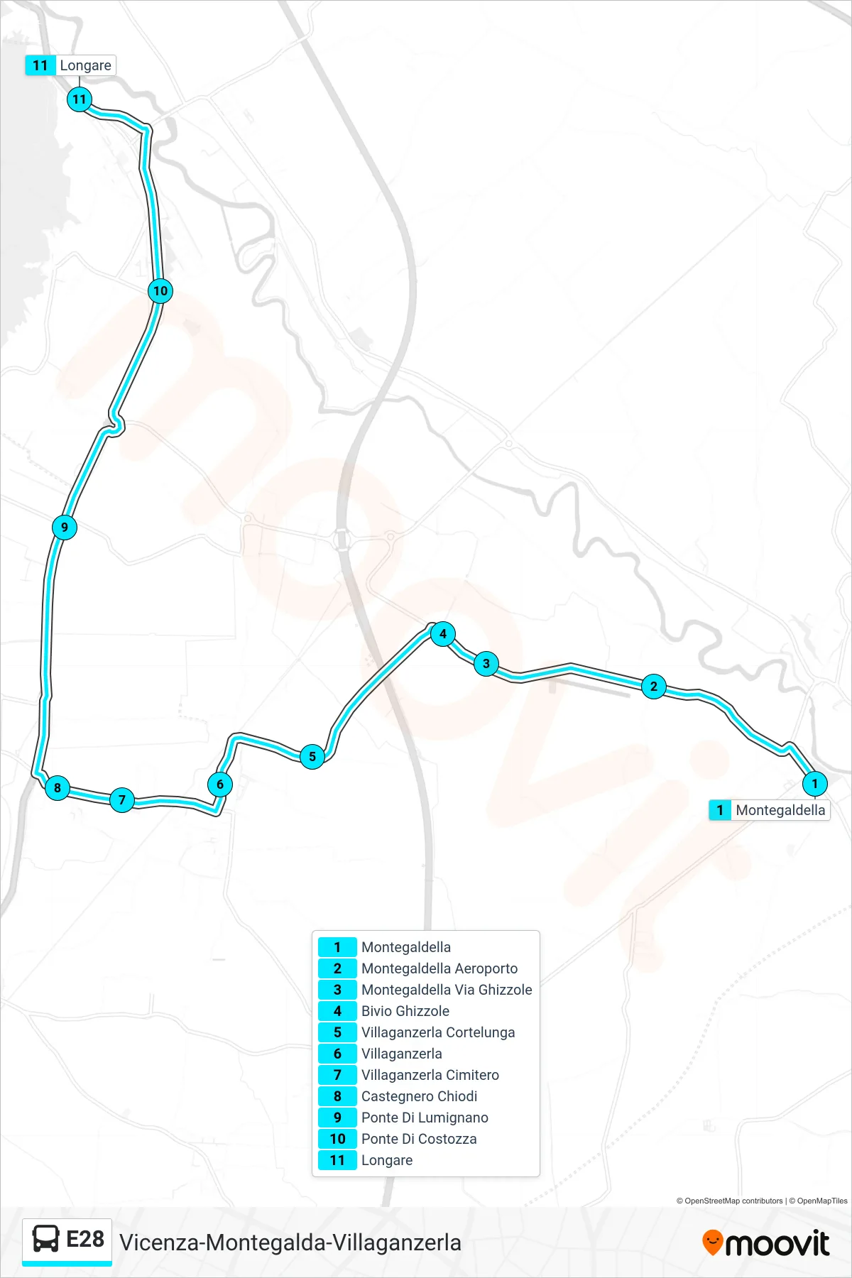 Linea E28  bus (Montegaldella > Longare) - Percorsi e fermate sulla mappa