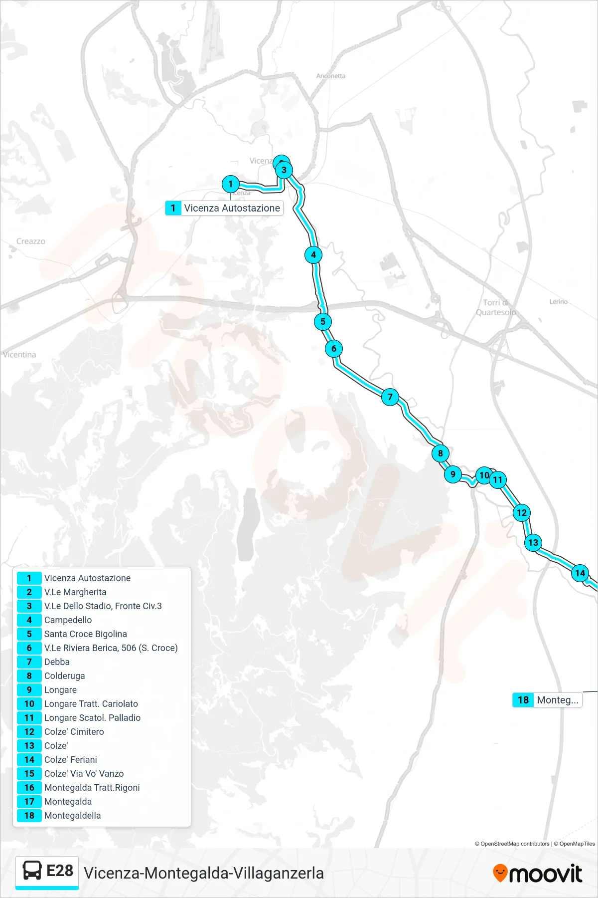 Linea E28  bus (Vicenza > Montegaldella) - Percorsi e fermate sulla mappa
