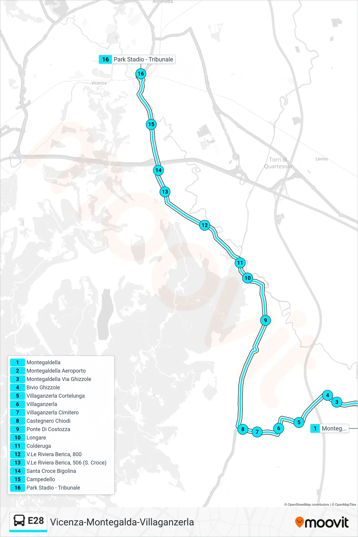 Linea E28  bus (Montegaldella > Vicenza Park Stadio Tribunale) - Percorsi e fermate sulla mappa