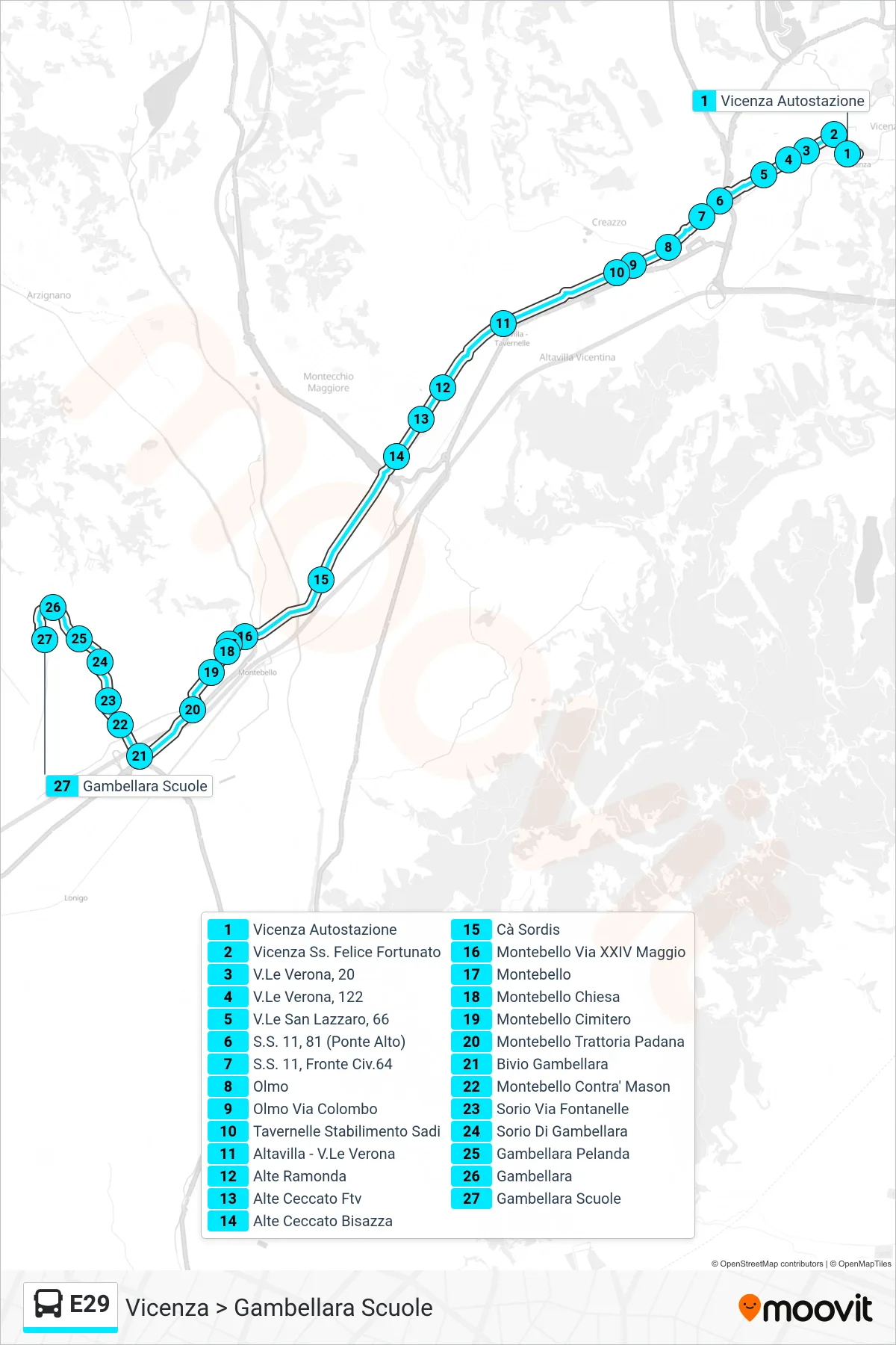 Linea E29 bus (Vicenza > Gambellara Scuole) - Percorsi e fermate sulla mappa