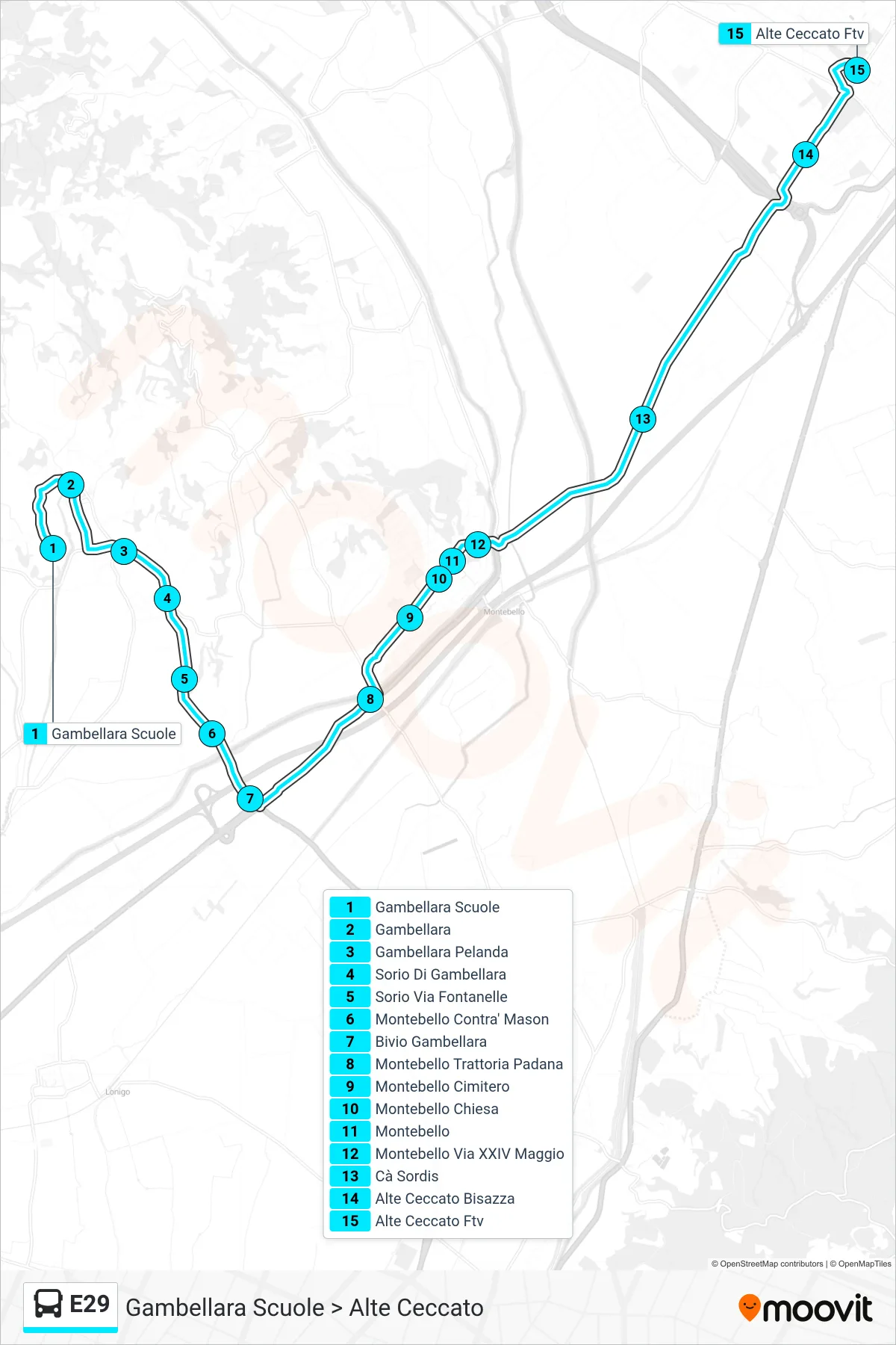 E29 bus Line (Gambellara Schools to Alte Ceccato) route and stops on a map