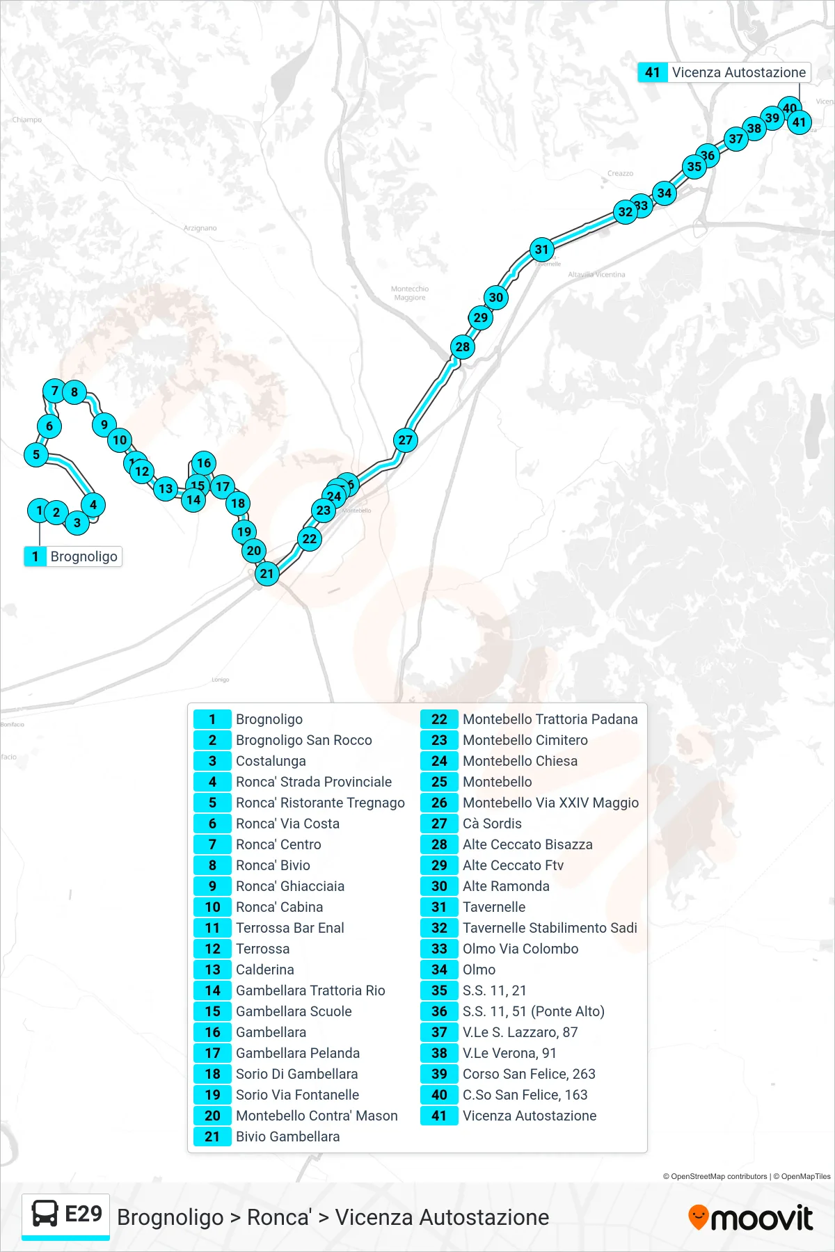 Linea E29 bus (Brognoligo > Ronca' > Vicenza Autostazione) - Percorsi e fermate sulla mappa
