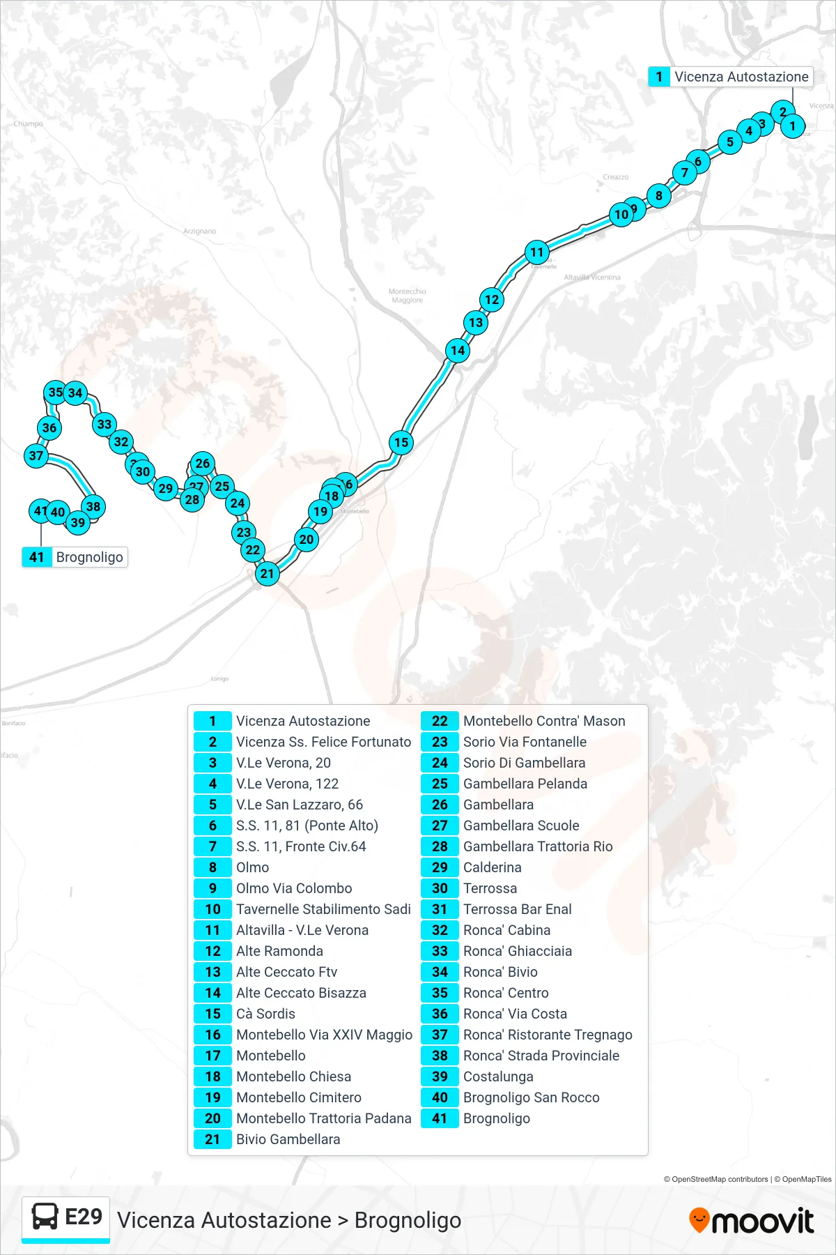 Linea E29  bus (Vicenza Autostazione > Brognoligo) - Percorsi e fermate sulla mappa