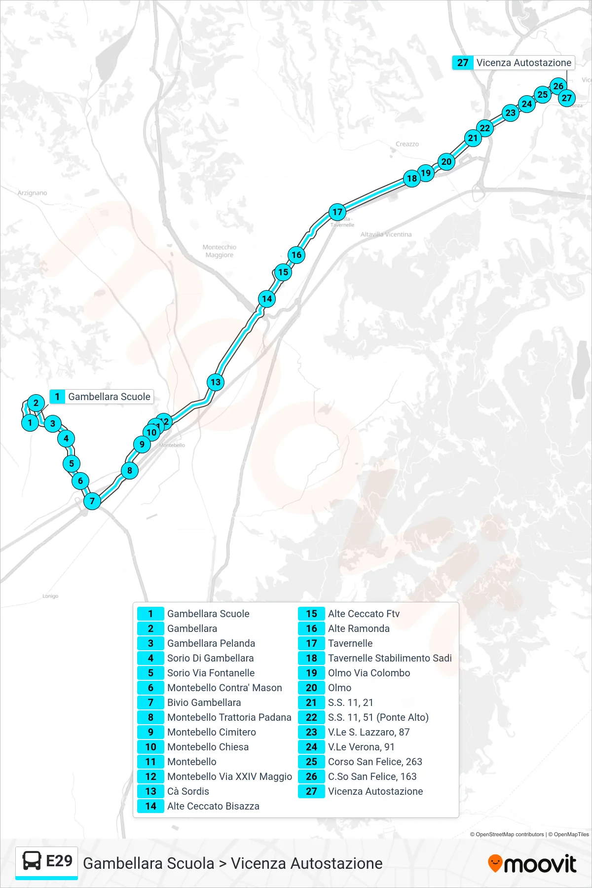 E29 bus Line (Gambellara School > Vicenza Bus Station) route and stops on a map