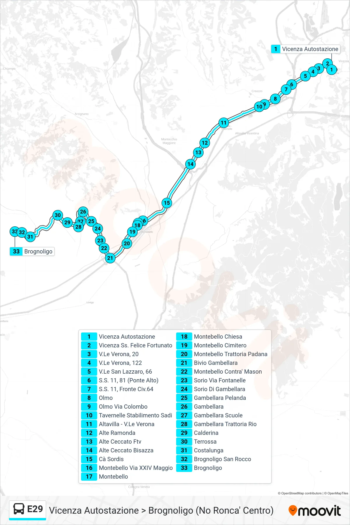 Linea E29 bus (Vicenza Autostazione > Brognoligo (No Ronca' Centro)) - Percorsi e fermate sulla mappa