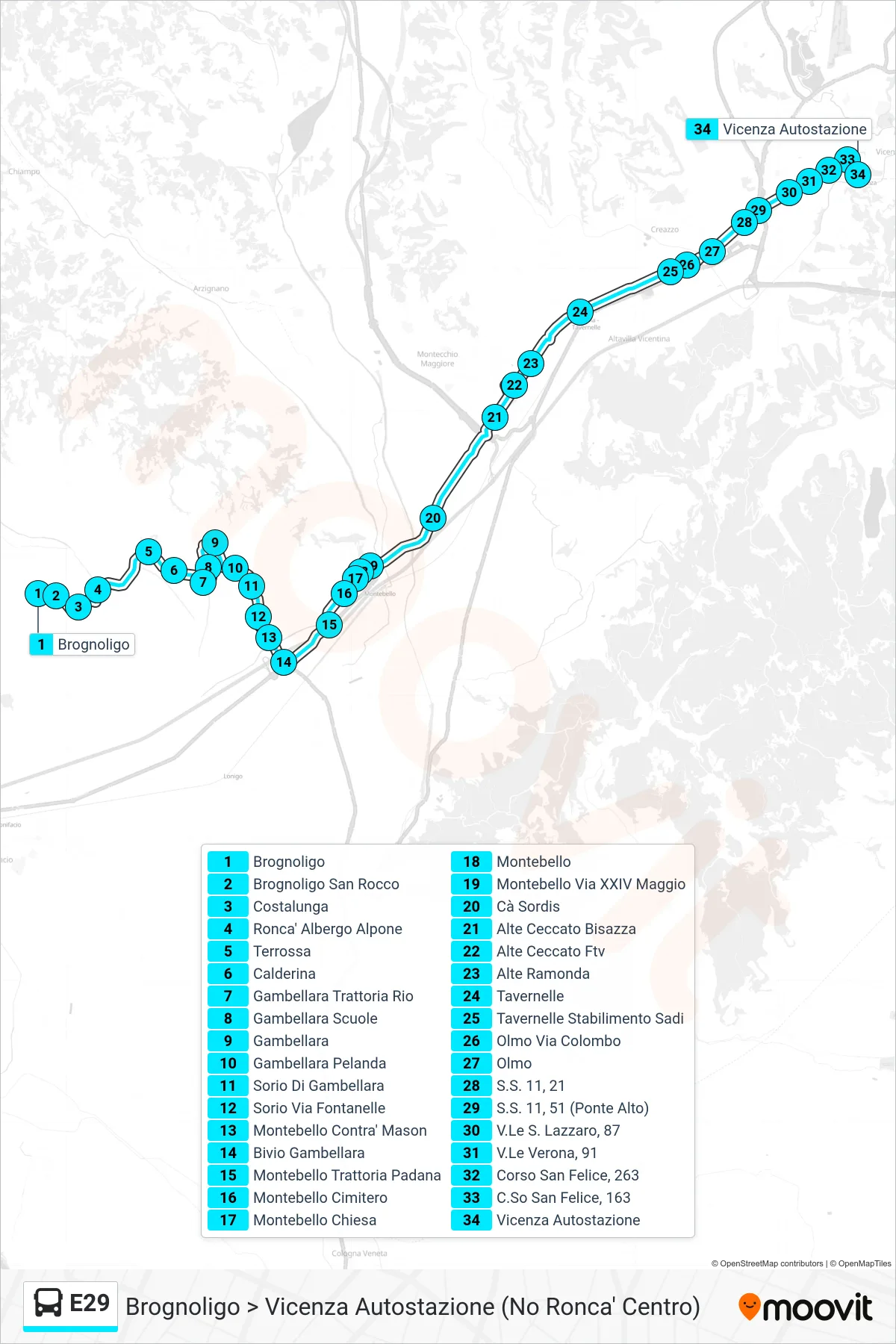 Linea E29 bus (Brognoligo > Vicenza Autostazione (No Ronca' Centro)) - Percorsi e fermate sulla mappa