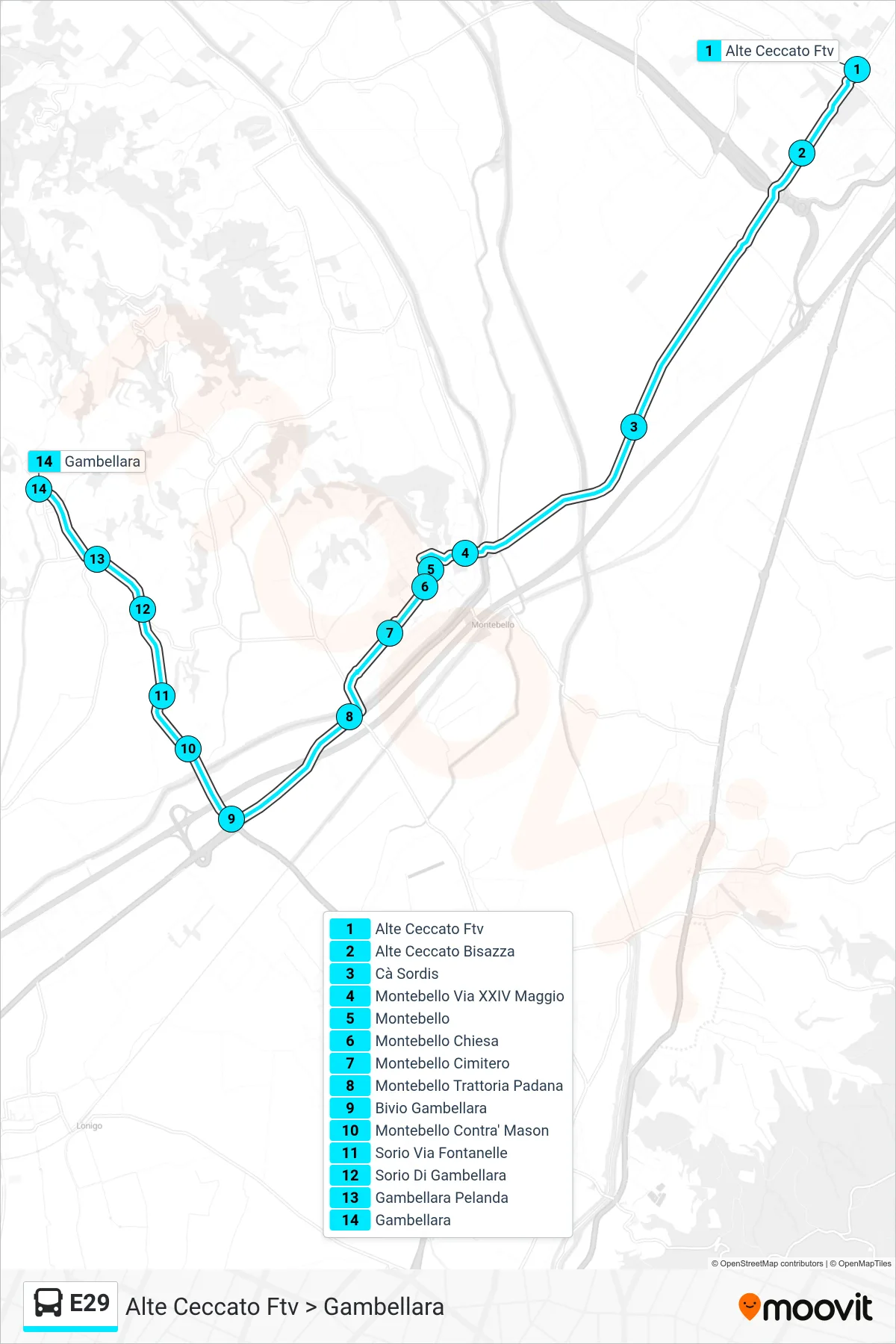 Linea E29 bus (Alte Ceccato Ftv > Gambellara) - Percorsi e fermate sulla mappa