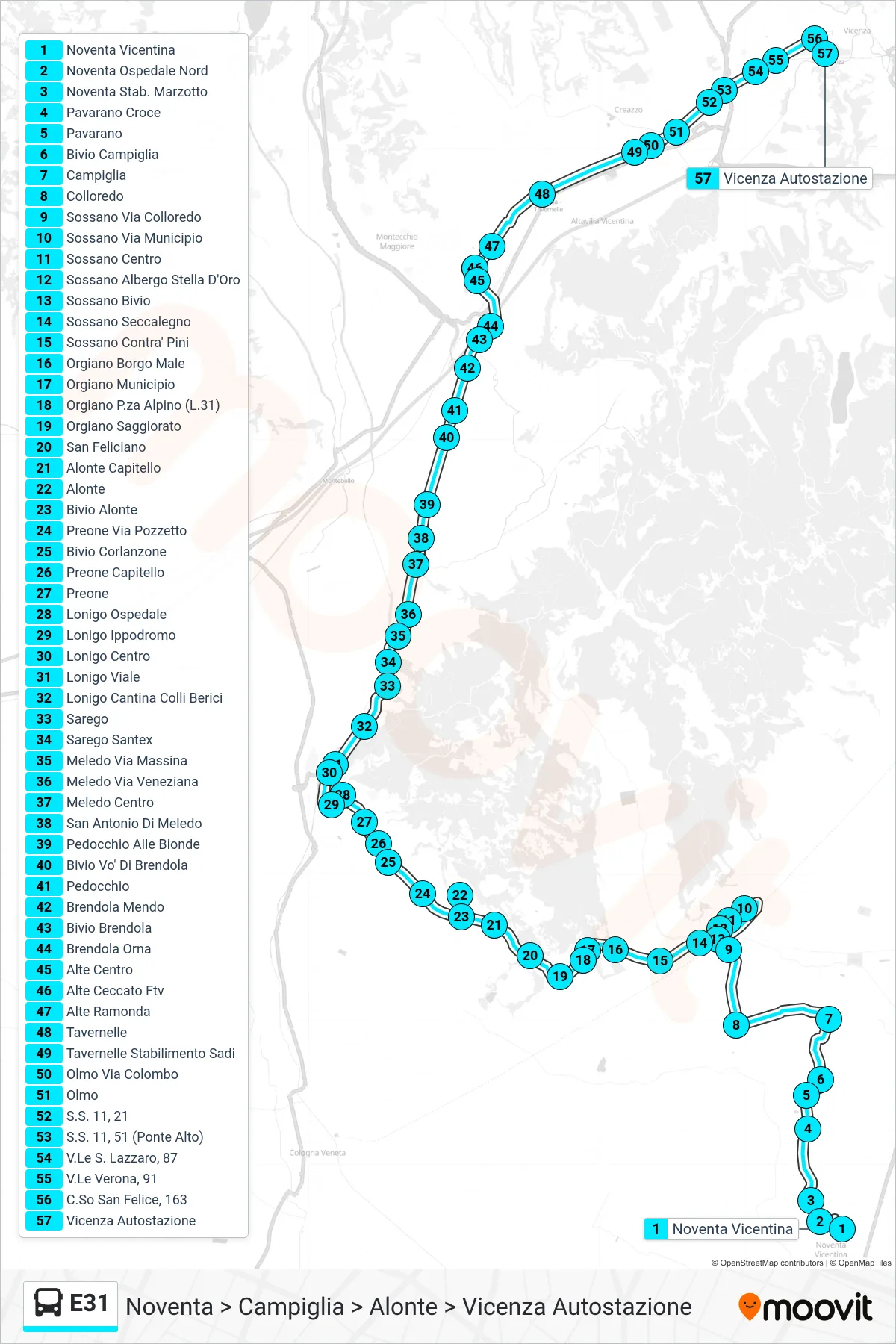 E31 bus Line (Noventa to Campiglia to Alonte to Vicenza Bus Station) route and stops on a map