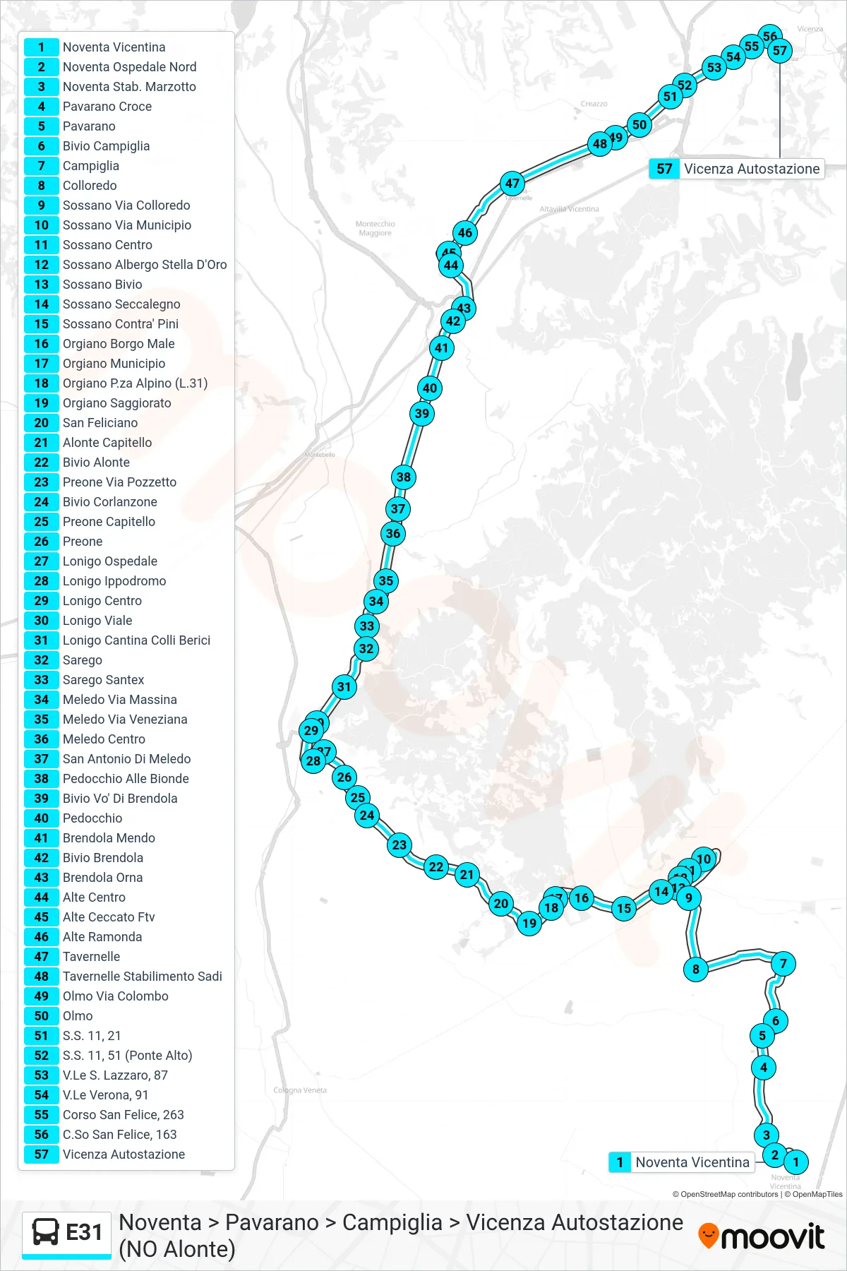 Linea E31  bus (Noventa > Pavarano > Campiglia > Vicenza Autostazione (NO Alonte)) - Percorsi e fermate sulla mappa