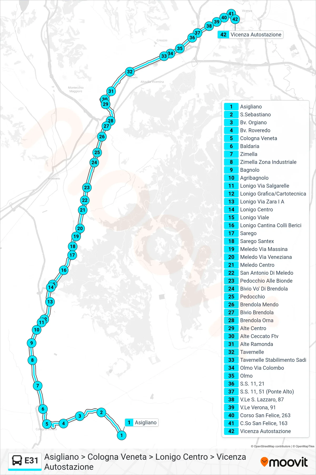 Linea E31  bus (Asigliano > Cologna Veneta > Lonigo Centro > Vicenza Autostazione) - Percorsi e fermate sulla mappa