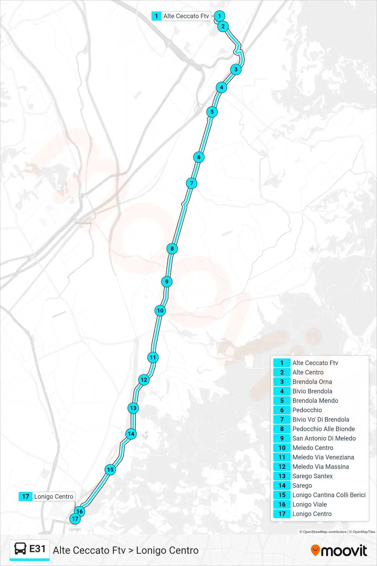 Linea E31 bus (Alte Ceccato Ftv > Lonigo Centro) - Percorsi e fermate sulla mappa