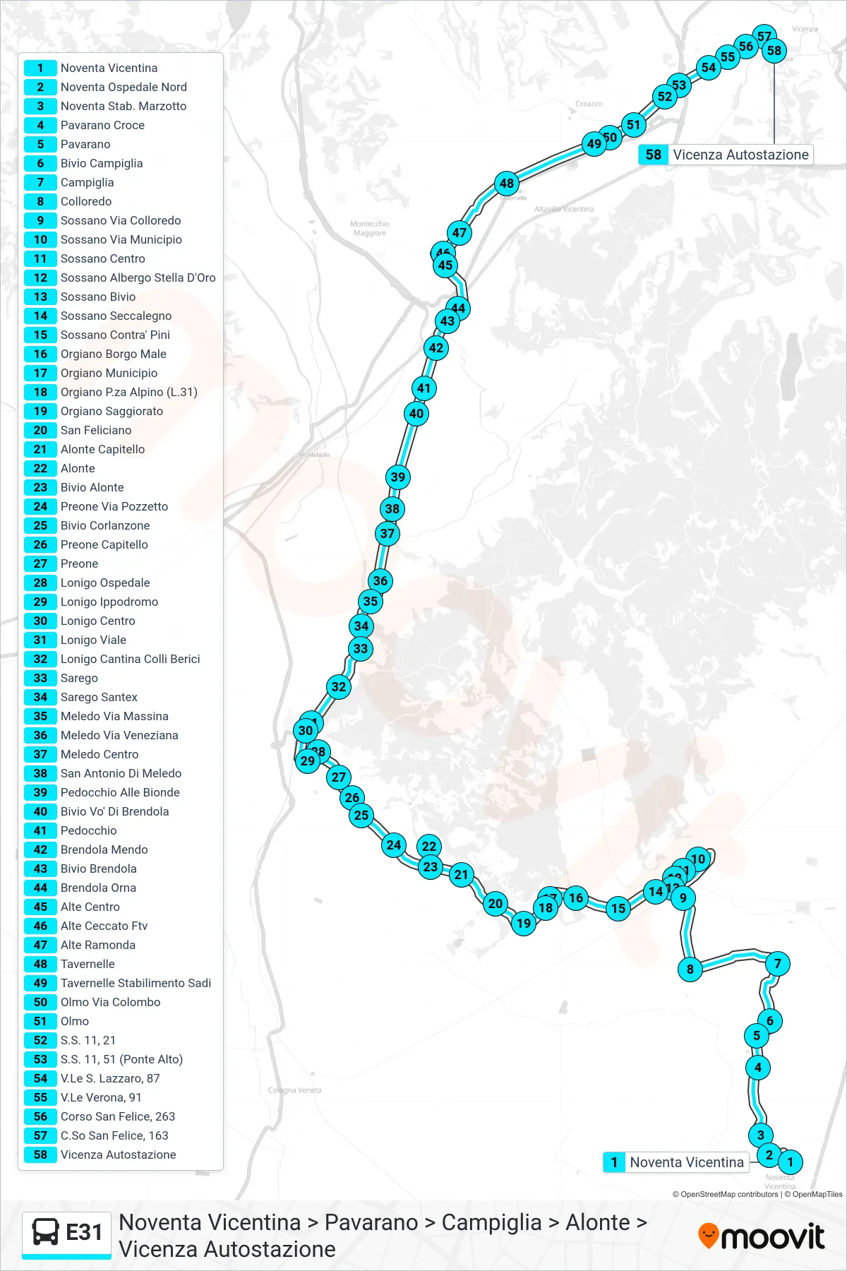 E31 bus Line (Noventa Vicentina > Pavarano > Campiglia > Alonte > Vicenza Station) route and stops on a map