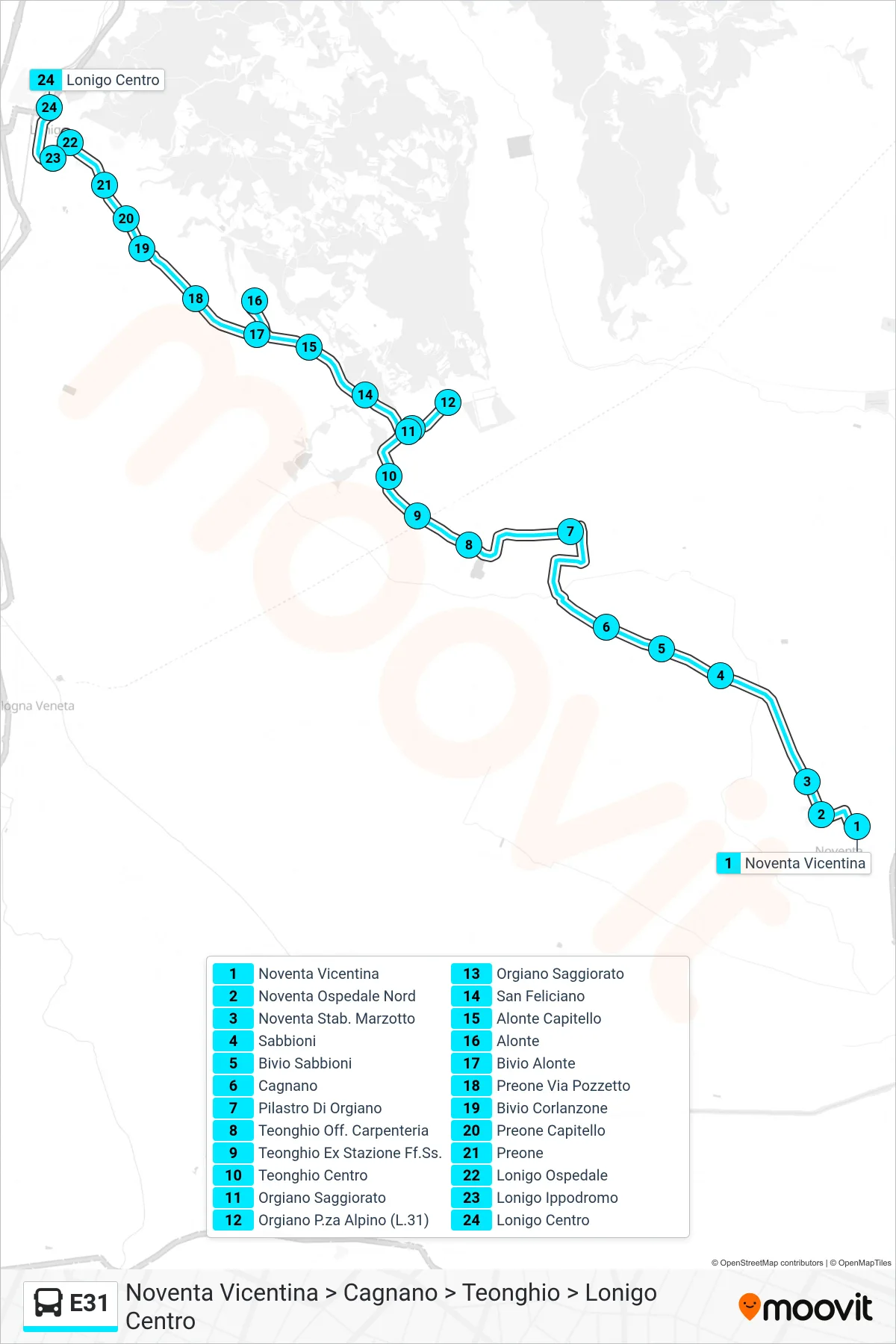Linea E31  bus (Noventa Vicentina > Cagnano > Teonghio > Lonigo Centro) - Percorsi e fermate sulla mappa