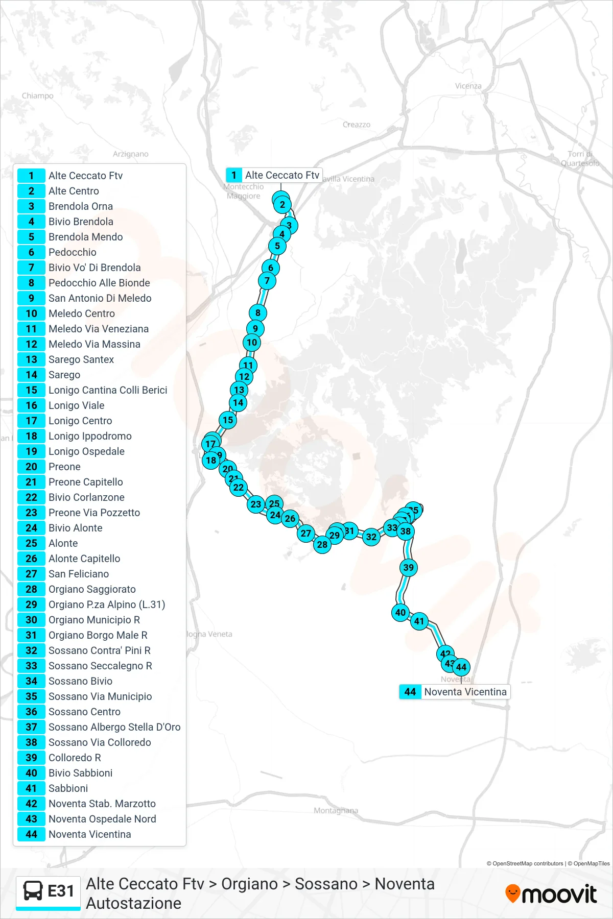 Linea E31  bus (Alte Ceccato Ftv > Orgiano > Sossano > Noventa Autostazione) - Percorsi e fermate sulla mappa