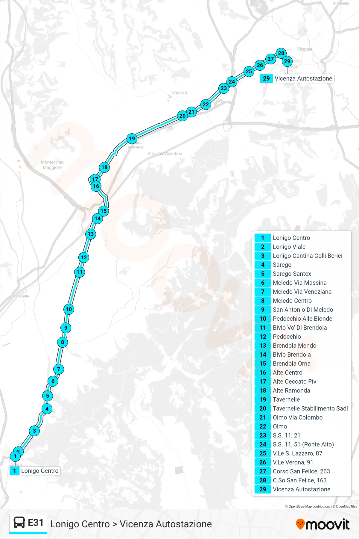 Linea E31 bus (Lonigo Centro > Vicenza Autostazione) - Percorsi e fermate sulla mappa