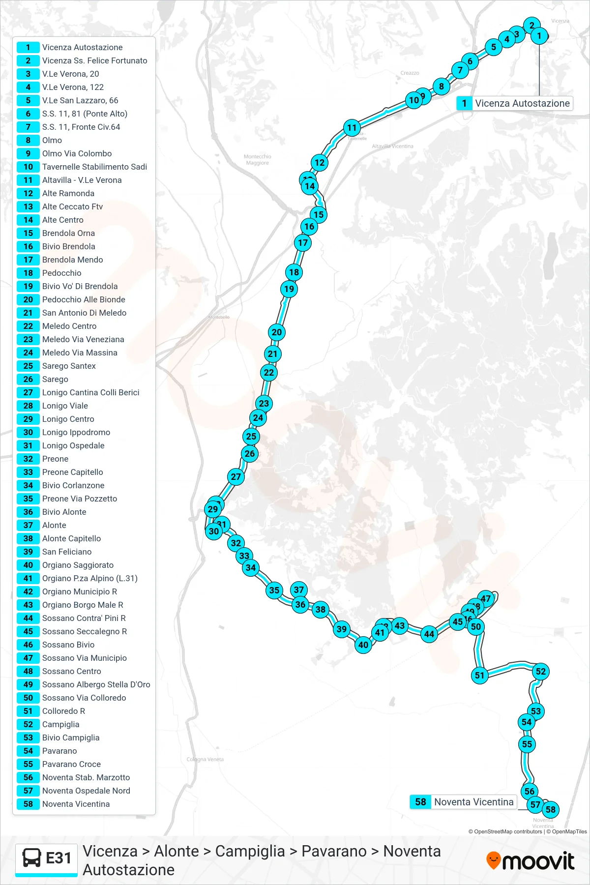 E31 bus Line (Vicenza to Alonte to Campiglia to Pavarano to Noventa Bus Station) route and stops on a map