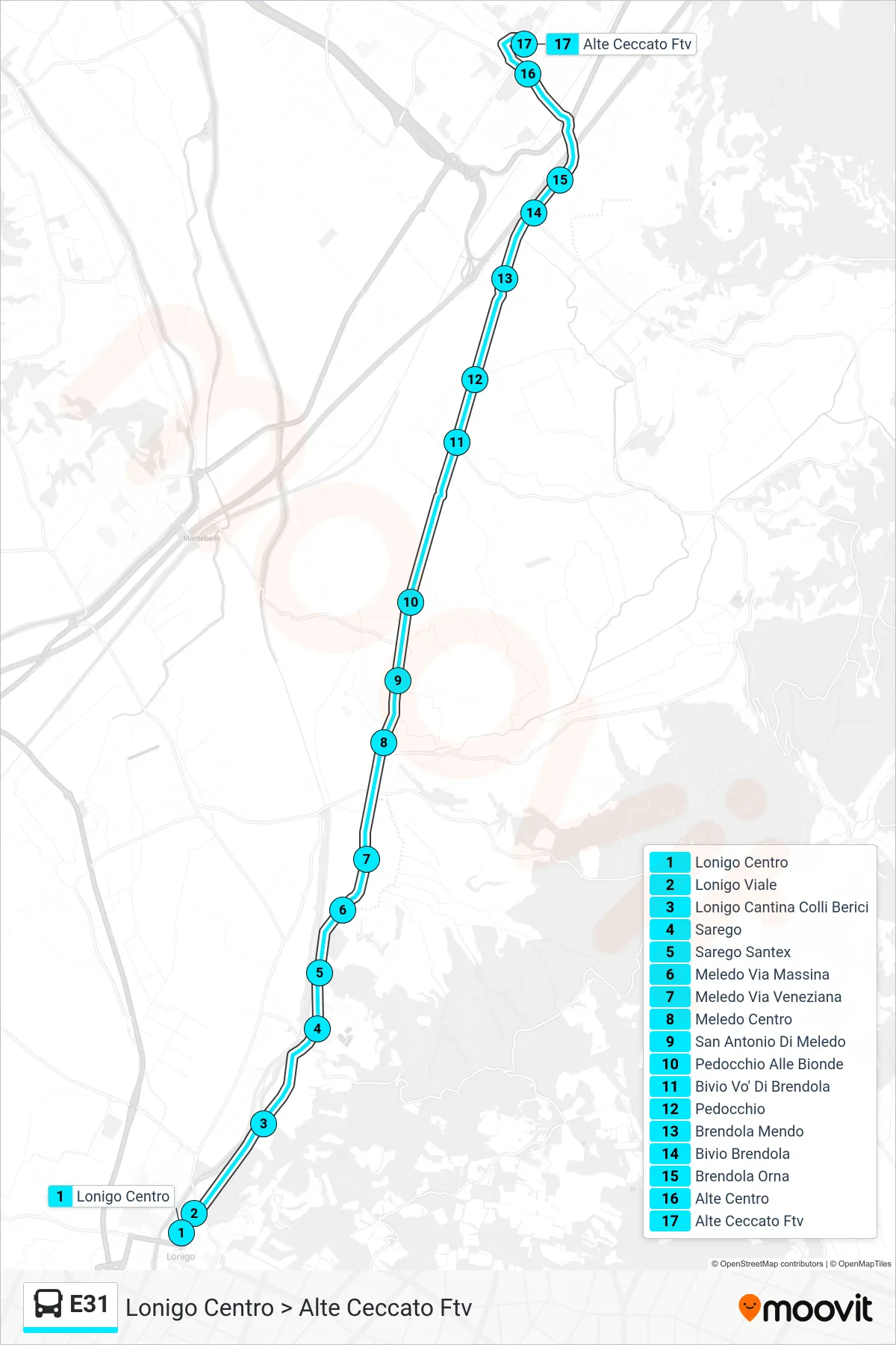 Linea E31 bus (Lonigo Centro > Alte Ceccato Ftv) - Percorsi e fermate sulla mappa