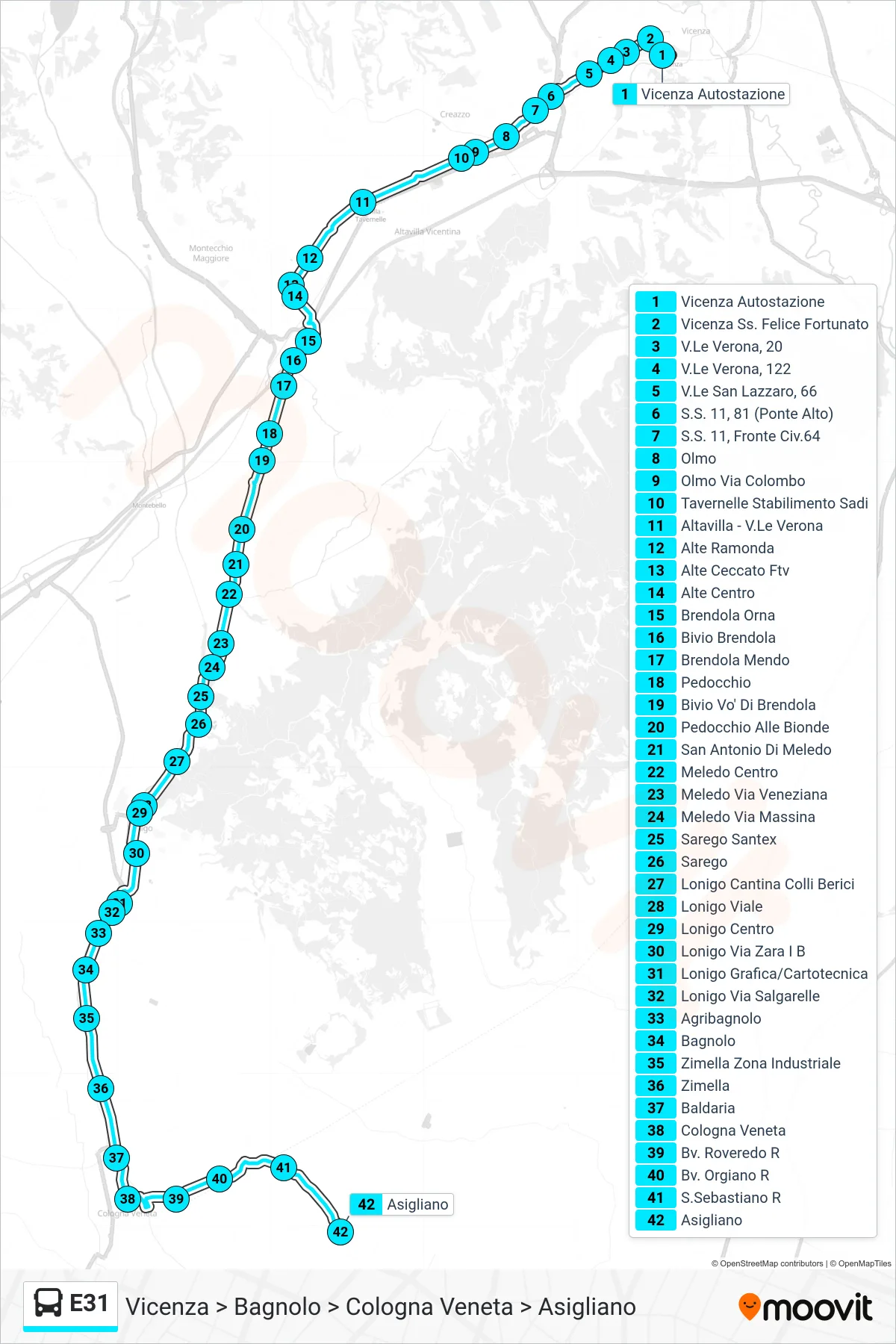 Linea E31 bus (Vicenza > Bagnolo > Cologna Veneta > Asigliano) - Percorsi e fermate sulla mappa