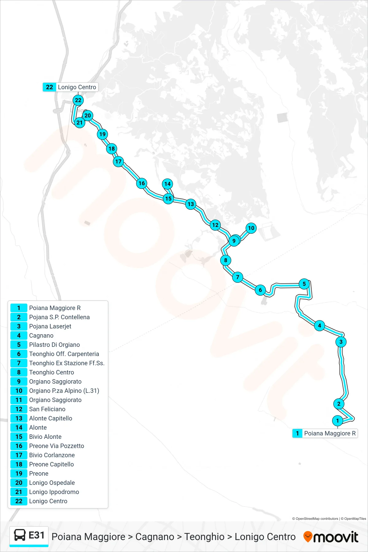 E31 bus Line (Poiana Maggiore > Cagnano > Teonghio > Lonigo Center) route and stops on a map