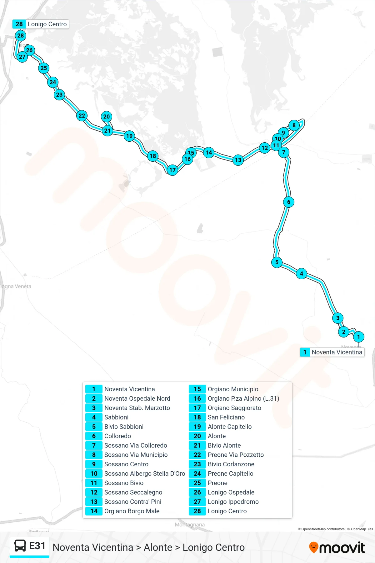 Linea E31 bus (Noventa Vicentina > Alonte > Lonigo Centro) - Percorsi e fermate sulla mappa