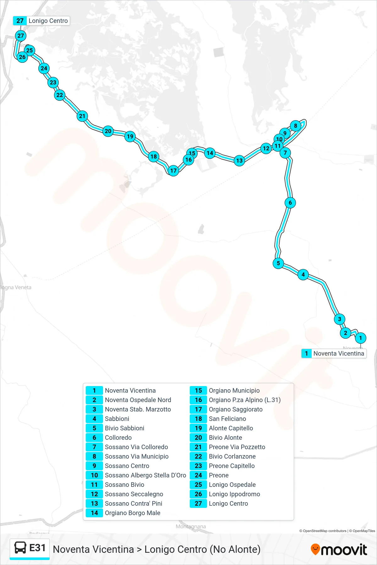 Linea E31  bus (Noventa Vicentina > Lonigo Centro (No Alonte)) - Percorsi e fermate sulla mappa