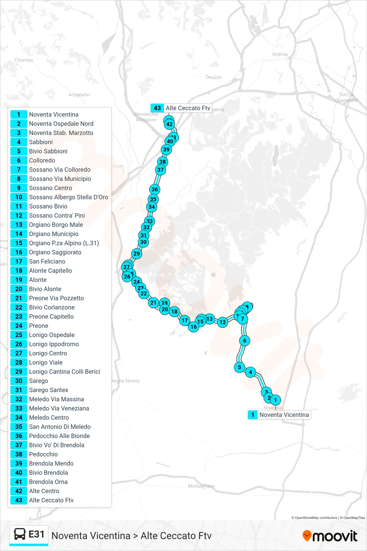 Linea E31 bus (Noventa Vicentina > Alte Ceccato Ftv) - Percorsi e fermate sulla mappa